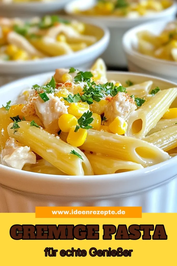 Entdecke das köstliche Rezept für cremige Hähnchen-Pasta! Diese einfache Pasta mit Hähnchen und süßem Mais ist perfekt für schnelle Abendessen. Mit frischer Schlagsahne und Parmesan ist diese Hähnchen-Corn-Pasta ein absoluter Genuss. Bereite die cremige Hähnchen-Corn-Pasta in nur 30 Minuten zu und verwöhne deine Familie! Speichere das Rezept und koche es noch heute nach! #HähnchenPasta #schnellePastaRezepte #PastaMitSchlagsahne #CremigePasta