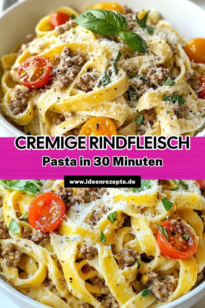 Entdecken Sie unser Rezept für cremige Rindfleisch-Pasta! Diese einfache Pasta mit Rinderhackfleisch und Fettuccine mit Sahnesauce ist perfekt für ein schnelles Abendessen. In nur 30 Minuten zaubern Sie köstliche italienische Nudelgerichte, die die ganze Familie lieben wird. Probieren Sie es aus und bringen Sie Geschmack auf den Tisch! Jetzt das Rezept speichern und genießen! #CremigeRindfleischPasta #PastaMitRinderhackfleisch #FettuccineMitSahnesauce #EinfachePastaRezepte