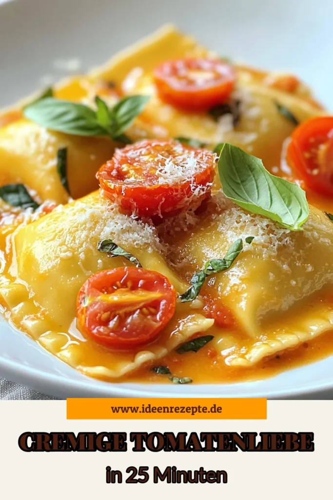 Entdecken Sie unser cremige Tomaten Ravioli Rezept, das Ihre Geschmacksnerven verzaubern wird! Diese schnelle Pasta Gericht mit Käserei Ravioli und einer köstlichen Tomatensauce mit Sahne ist perfekt für jeden Anlass. Mit frischen Kirschtomaten und Basilikum wird es ein Hit in Ihrer italienischen Küche. Probieren Sie es aus und bringen Sie ein Stück Italien auf Ihren Tisch! Speichern Sie dieses Rezept! #CremigeTomatenRavioli #SchnellePasta #ItalienischeKüche #KäsereiRavioliRezept