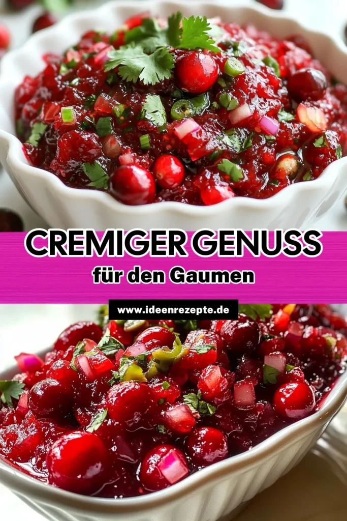 Entdecke dieses köstliche Jalapeño Preiselbeeren Relish Rezept, das perfekt zu deinem Truthahn passt! Mit frischen Cranberries und einer scharfen Jalapeño bringt dieses selbstgemachte Cranberry Relish die ideale Mischung aus süß und scharf auf den Tisch. Einfach in nur 30 Minuten zubereitet, wird dein Essen damit zum Hit! Probiere es aus und teile deine Kreationen. #JalapeñoPreiselbeerenRelish #CranberryRelishRezept #scharferRelish #frischesRelishMitJalapeño
