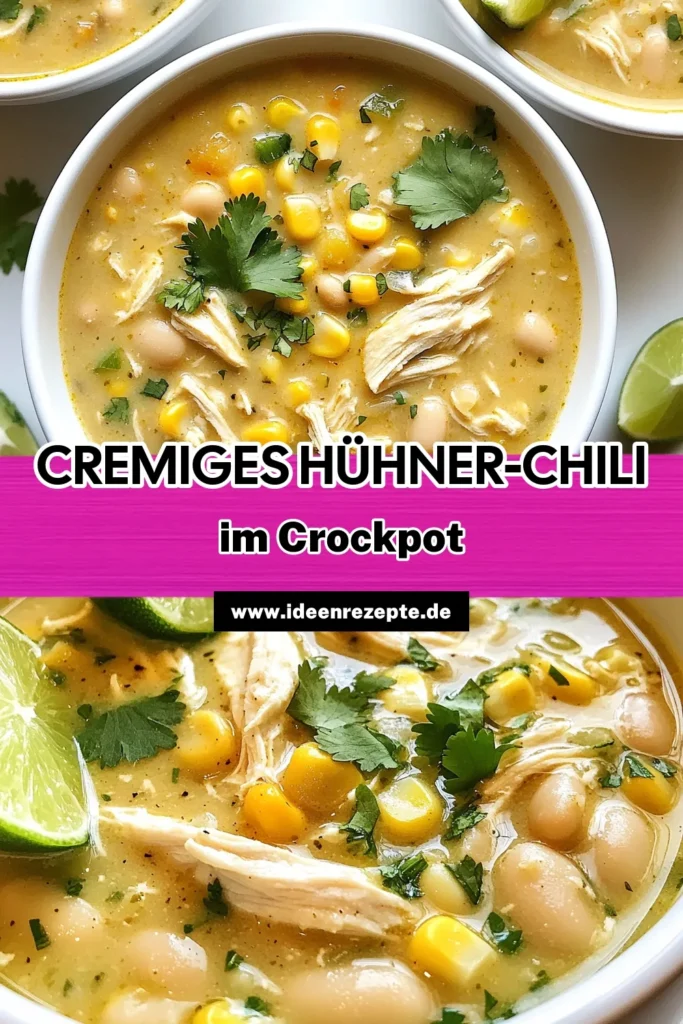 Entdecken Sie unser cremiges Hühner-Chili Rezept im Crockpot! Dieses einfache Chili Rezept mit Hähnchen und weißen Bohnen ist perfekt für eine gesellige Runde oder als herzhaftes Abendessen. Mit nur wenigen Zutaten und minimalem Aufwand gelingt Ihnen ein schmackhaftes Hühnergericht im Crockpot. Lassen Sie sich von diesem Rezept inspirieren und probieren Sie es aus! Speichern Sie es jetzt für Ihr nächstes Kochen! #CrockpotChili #Hühnchenrezepte #EinfacheChiliRezepte #WeißeBohnenChili