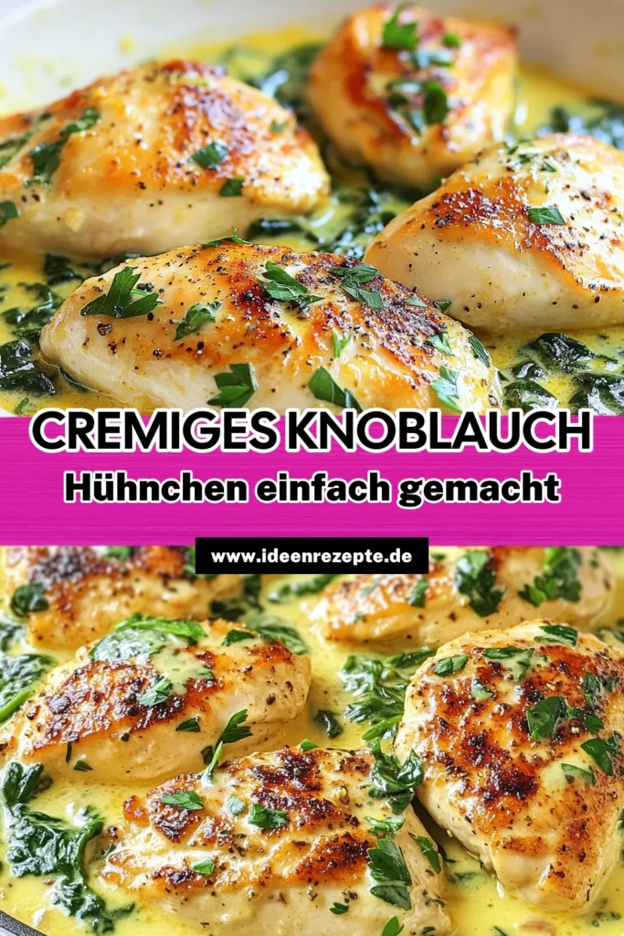 Entdecke unser cremiges Knoblauch-Hühnchen, das perfekte Hühnchenpfanne Rezept für ein schnelles und einfaches Hähnchen Rezept! Diese köstliche Kombination aus saftigem Hühnchen in einer aromatischen Knoblauch Sauce mit frischem Spinat wird deine Familie begeistern. Bereite dieses wunderbare Pfannengericht mit Spinat in nur 25 Minuten zu! Speichere das Rezept und koche es nach! #CremigesKnoblauchHühnchen #HühnchenpfanneRezept #einfachesHähnchenRezept #KnoblauchSauceHühnchen
