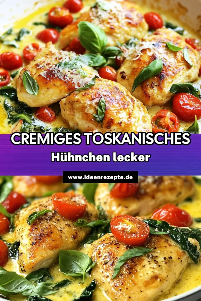 Entdecken Sie unser Toskanisches Hühnchen Rezept – ein einfaches Hähnchen Pfannengericht aus der italienischen Küche, das in nur 30 Minuten zubereitet ist! Genießen Sie das cremige Hühnchen Gericht mit frischen Zutaten wie Kirschtomaten und Spinat. Perfekt für jede Woche! Lassen Sie sich dieses köstliche Rezept nicht entgehen, speichern Sie es jetzt! #ToskanischesHühnchen #HähnchenPfannengericht #EinfacheHühnchenRezepte #ItalienischeKüche