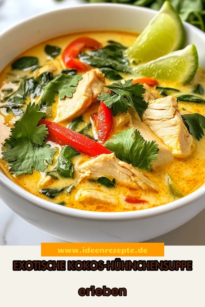 Entdecken Sie die köstliche Welt der thailändischen Kokos-Hühnchensuppe! Dieses einfache Kokosmilch Rezept kombiniert zarte Hähnchenschenkel mit aromatischer roter Currypaste und frischen Zutaten für ein unwiderstehliches Hähnchenschenkel Gericht. Perfekt für asiatische Suppen Rezepte, wird diese Suppe jeden begeistern. Probieren Sie es aus und genießen Sie eine exotische Geschmacksexplosion! Speichern Sie dieses Rezept für Ihre nächste Kochsession. #KokosHühnchensuppe #KokosmilchRezept #asiatischeSuppen #roteCurrypasteKochen