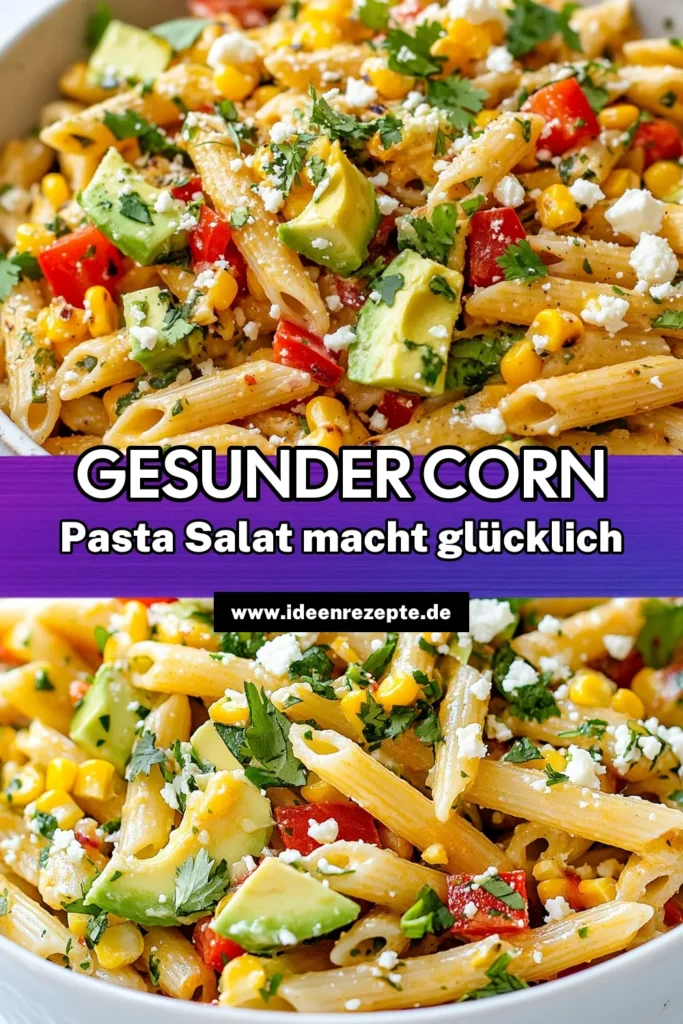 Entdecken Sie unser Rezept für einen gesunden Pasta Salat, der perfekt für den Sommer ist! Dieser gesunde Straßen-Corn Salat kombiniert Vollkornpasta mit frischem Mais, Avocado und Paprika. Ideal als einfaches Sommergericht, das in nur 30 Minuten zubereitet ist. Lassen Sie sich von diesem köstlichen Avocado Pasta Salat inspirieren und speichern Sie das Rezept für Ihre nächste Grillparty! #GesunderPastaSalat #VollkornpastaRezept #Sommergericht #AvocadoPastaSalat