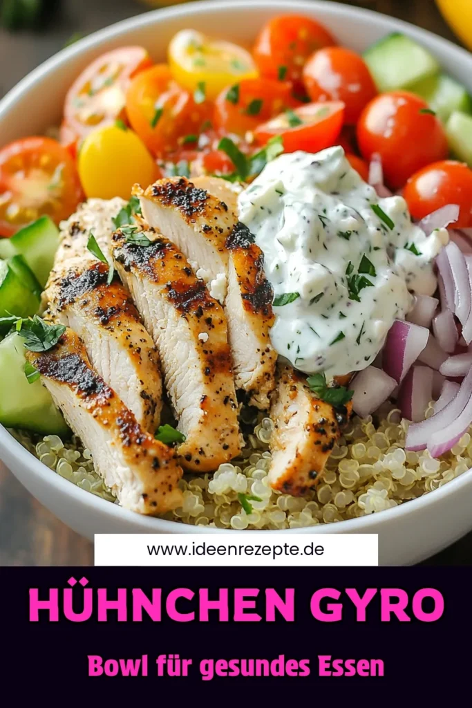 Entdecke unser köstliches Hühnchen Gyro Power Bowl Rezept! Diese gesunde Bowls Rezept kombiniert zartes Hähnchen, gesunden Quinoa, frisches Gemüse und eine cremige Tzatziki-Sauce. Perfekt für eine einfache Mahlzeit, die sowohl nährend als auch schmackhaft ist. Probiere jetzt diese Quinoa Hühnchen Bowl aus und bringe deine Mahlzeiten auf das nächste Level. Speichere das Rezept für later! #HühnchenGyroPowerBowl #GesundeBowlsRezept #EinfacheGyroRezepte #RezeptMitTzatziki