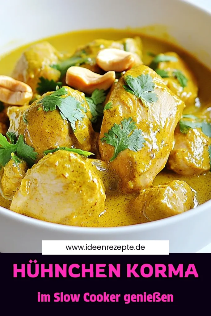 Entdecken Sie unser einfaches Rezept für langsam gekochtes Hühnchen Korma, das jeden Gaumen erfreut. Mit saftigem Hühnchen, aromatischen Gewürzen und einer cremigen Kokosmilchsauce ist dieses indische Hühnchen Rezept perfekt für die ganze Familie. Bereiten Sie Korma im Slow Cooker zu und genießen Sie den herrlichen Geschmack ohne viel Aufwand. Holen Sie sich das Rezept für eine einfache Korma Zubereitung und speichern Sie es für später! #HühnchenKormaRezept #KormaImSlowCooker #IndischesRezept #EinfacheRezeptidee