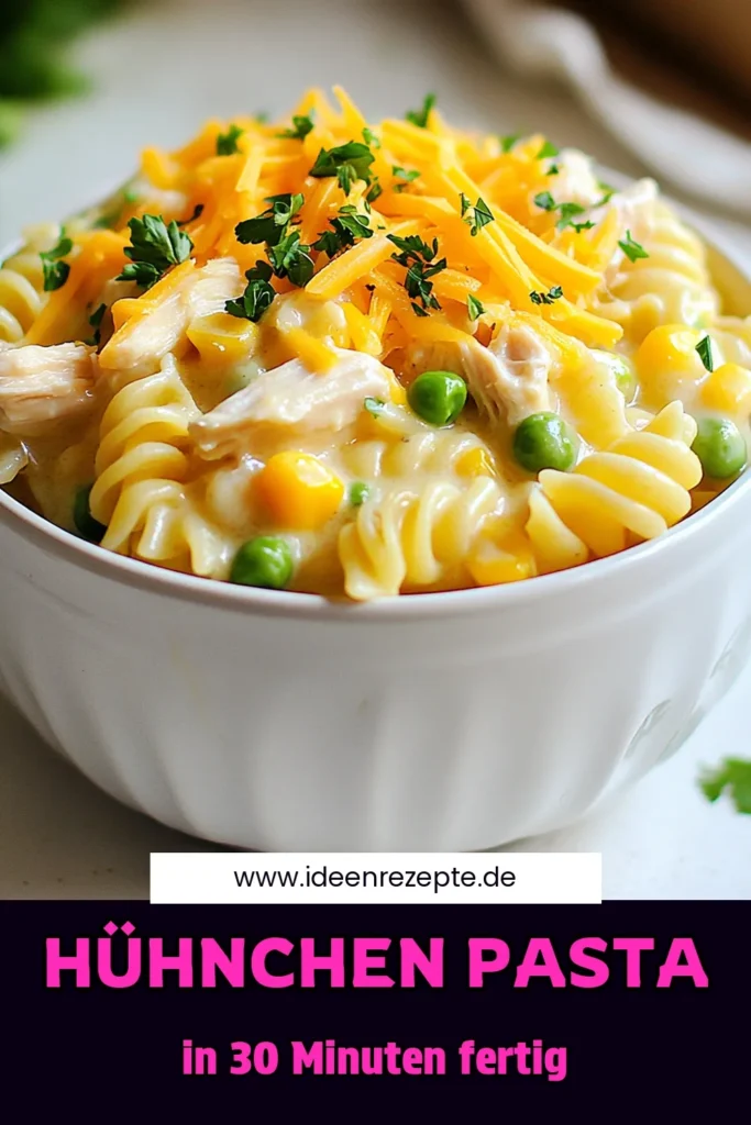 Entdecken Sie dieses köstliche Rezept für Hühnchen-Pot-Pie-Pasta! Diese einfache Hühnchen-Pasta ist in nur 30 Minuten zubereitet und kombiniert zartes Hühnchen mit cremiger Pasta, Karotten, Erbsen und Mais für ein herzhaftes Hühnchen-Rezept, das alle begeistert. Ideal für eine schnelle Mahlzeit unter der Woche. Probieren Sie es aus und genießen Sie den Komfort eines klassischen Pot Pies in Pastavariante! #HühnchenPasta #CremigePasta #SchnellLebensmittel #HühnchenRezept
