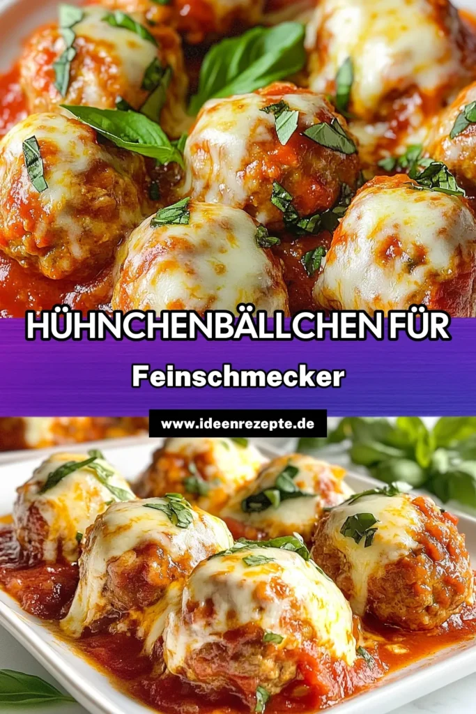 Entdecke unser köstliches Hühnchen-Fleischbällchen Rezept, ideal für gesunde Fleischbällchen mit Hühnchen! Diese italienischen Fleischbällchen Marinara sind nicht nur lecker, sondern auch proteinreiche Hühnchen-Gerichte. Mit geschmolzenem Mozzarella oben drauf sind sie ein echter Genuss. Probiere sie aus und kreiere eine perfekte Mahlzeit! Teile dein Ergebnis! #HühnchenFleischbällchen #GesundeFleischbällchen #ItalienischeFleischbällchen #ProteinreicheGerichte