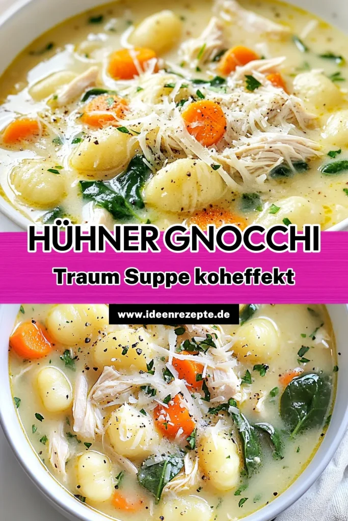 Hol dir den Geschmack von Olive Garden nach Hause mit diesem herzhaften Hühner-Gnocchi-Suppen-Rezept! Unsere einfache Hühnersuppe kombiniert zartes Hähnchen, Kartoffelgnocchi und frisches Gemüse für ein cremiges und sättigendes Gericht. Perfekt für gemütliche Abende! Probiere jetzt diese Suppenrezepte mit Gnocchi und lass dich begeistern! Speichere das Rezept für später! #HühnerGnocchiSuppe #GnocchiRezept #EinfacheHühnersuppe #Suppenliebe