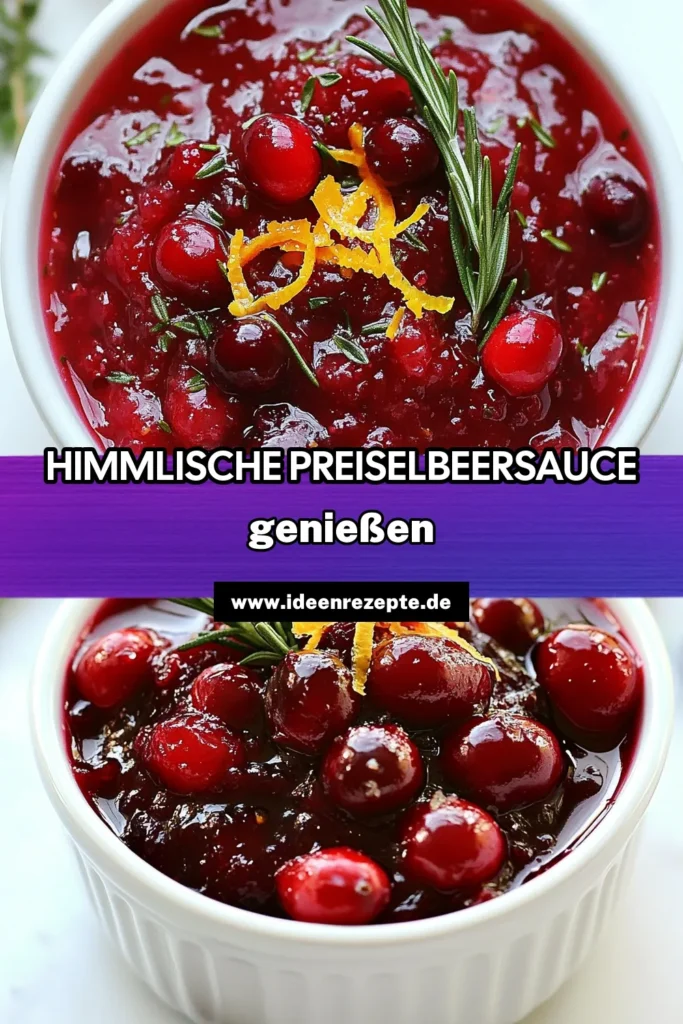 Entdecken Sie die perfekte festliche Sauce mit unserem Cranberry Bliss Sauce Rezept! Diese hausgemachte Preiselbeersauce mit Rosmarin und Thymian ist ein Muss für jedes Festmahl. Einfach zuzubereiten und voller Geschmack, wird sie Ihre Gäste begeistern. Ideal für Thanksgiving oder Weihnachten. Holen Sie sich jetzt Ihre festlichen Saucen Ideen und probieren Sie unser leckeres Preiselbeeren Rezept aus. Speichern Sie es für Ihre nächste Feier! #CranberryBlissSauce #PreiselbeerenRezept #RosmarinThymianSauce #HausgemachtePreiselbeersauce
