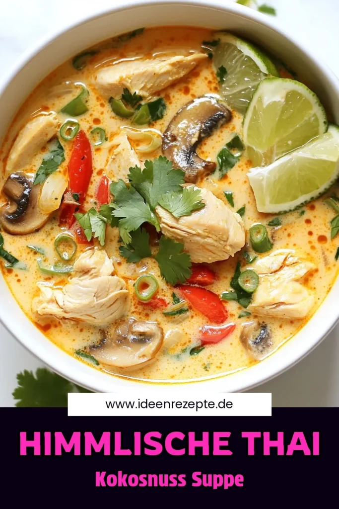Entdecken Sie dieses köstliche Rezept für thailändische Kokosnuss-Hühnchen-Suppe! Diese aromatische thailändische Suppe mit Hähnchen und cremiger Kokosmilch vereint frische Zutaten und würzige Aromen für ein einmaliges Geschmackserlebnis. Perfekt für jede Gelegenheit! Probieren Sie jetzt unser einfaches Rezept für Kokosnuss-Hühnchen-Suppe und verfeinern Sie Ihre Küche. Teilen und speichern Sie dieses Rezept für später! #KokosmilchSuppeRezept #thailändischeKüche #HühnchenSuppe #KokosnussSuppe
