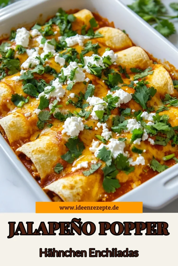 Entdecken Sie das köstliche Rezept für Jalapeño Popper Enchiladas! Diese Hähnchen Enchiladas sind die perfekte Mischung aus cremigem Käse und würzigen Jalapeños, ideal für jedes mexikanische Gericht mit Hähnchen. Mit dieser einfachen Enchiladas Zubereitung beeindrucken Sie Ihre Gäste. Holen Sie sich das Rezept und verwöhnen Sie Ihre Familie mit diesen herzhaften Käse Enchiladas mit Jalapeños. Jetzt ausprobieren und speichern! #Enchiladas #JalapeñoRezept #MexikanischeKüche #HähnchenGerichte