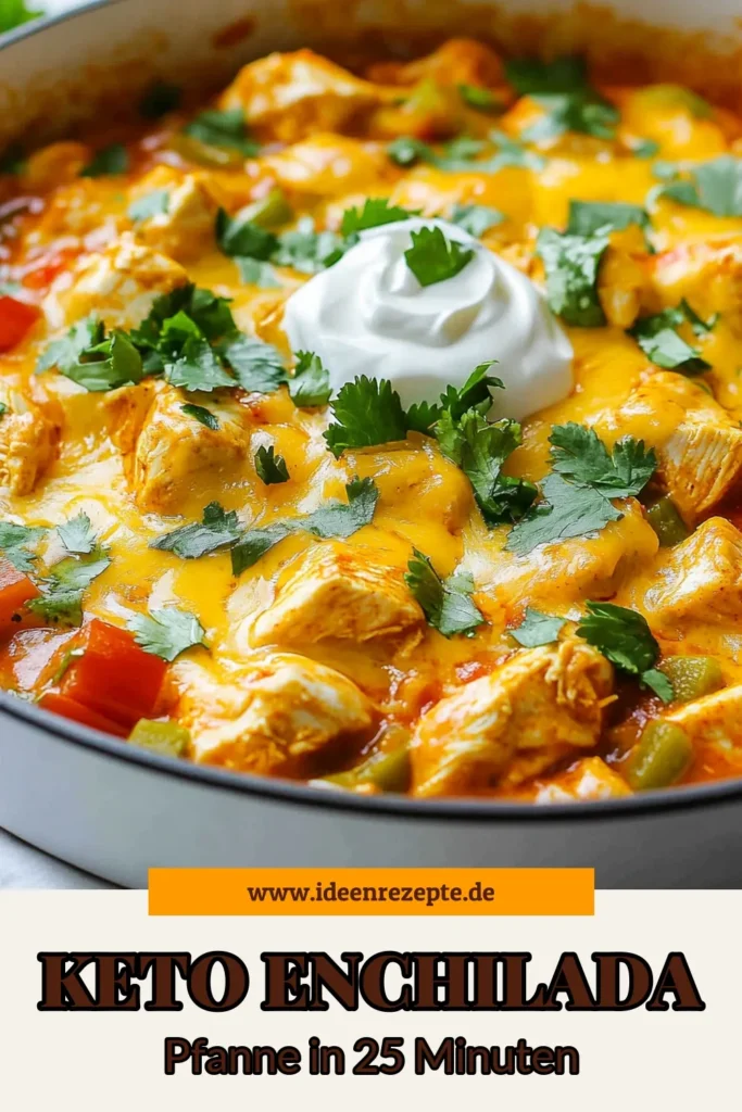 Entdecke dieses leckere Keto Chicken Enchilada Skillet, das schnelle Keto Rezepte auf ein neues Level hebt! Die Hähnchen Enchiladas Keto sind perfekt für ein gesundes Abendessen und verbinden mexikanische Köstlichkeiten mit einer gesunden Ernährung. Mit nur 25 Minuten Zubereitungszeit ist dieses Gericht ideal für vielbeschäftigte Tage. Probiere es aus und bring Farbe auf den Tisch! #KetoEnchiladaPfanne #HähnchenEnchiladasKeto #gesundeHähnchenrezepte #mexikanischeKetoGerichte