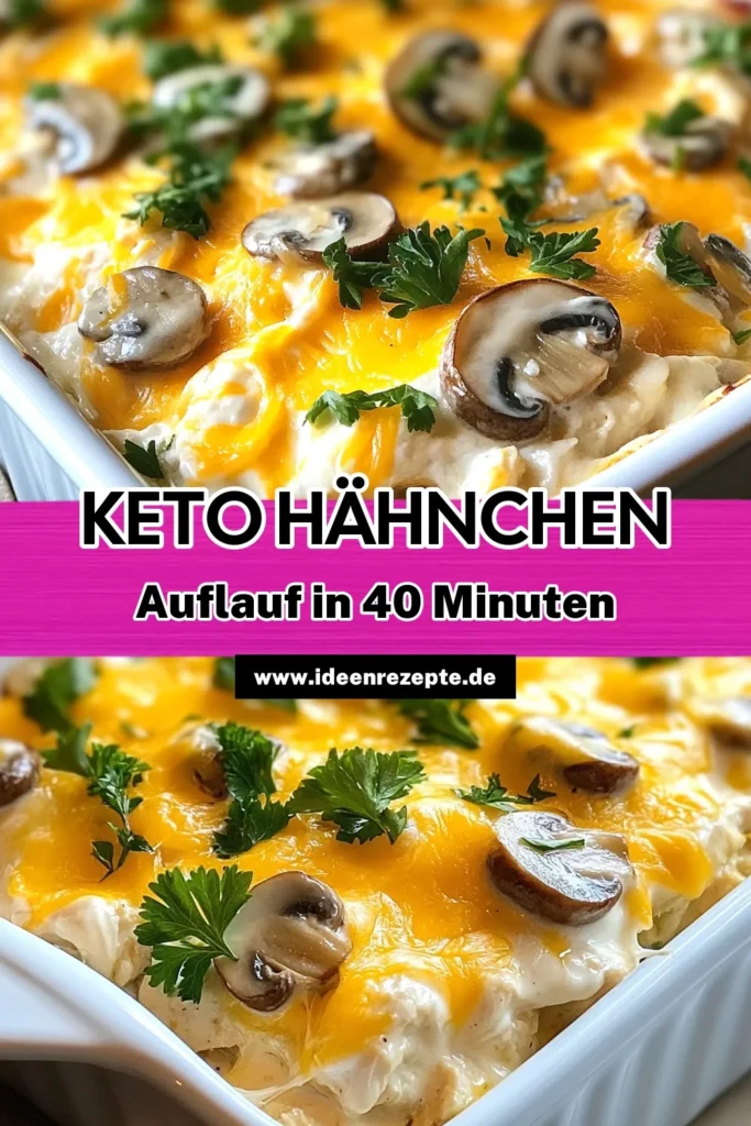 Entdecken Sie diesen köstlichen Keto Hähnchen Auflauf! Unsere einfache Anleitung für einen Pilzauflauf mit Hähnchen bietet Ihnen eine perfekte low carb Rezept-Option, die nicht nur lecker, sondern auch schnell zubereitet ist. Mit cremiger Schlagsahne und herzhaftem Cheddar-Käse ist dieses Hähnchen Pilze Rezept ein Hit für jede Mahlzeit! Probieren Sie es jetzt aus und speichern Sie es für Ihre Keto-Rezepte! #KetoAuflauf #LowCarbEssen #HähnchenRezept #KetoGenuss