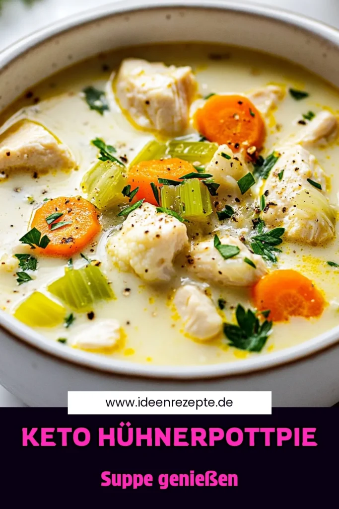 Entdecke das köstliche Rezept für Keto Hühner-Pott-Pie-Suppe, eine perfekte kohlenhydratarme Suppe für alle, die gesund leben möchten! Diese cremige Suppe kombiniert zarte Hühnerbrust mit Blumenkohlröschen und frischem Gemüse. Ideal für wärmende Mahlzeiten an kühlen Tagen. Probiere jetzt dieses einfache Blumenkohlrezept und bereichere deine Sammlung an gesunden Hühnersuppen! Speichere es dir! #KetoSuppe #HühnerPottPie #Blumenkohlrezepte #kohlenhydratarmeRezepte