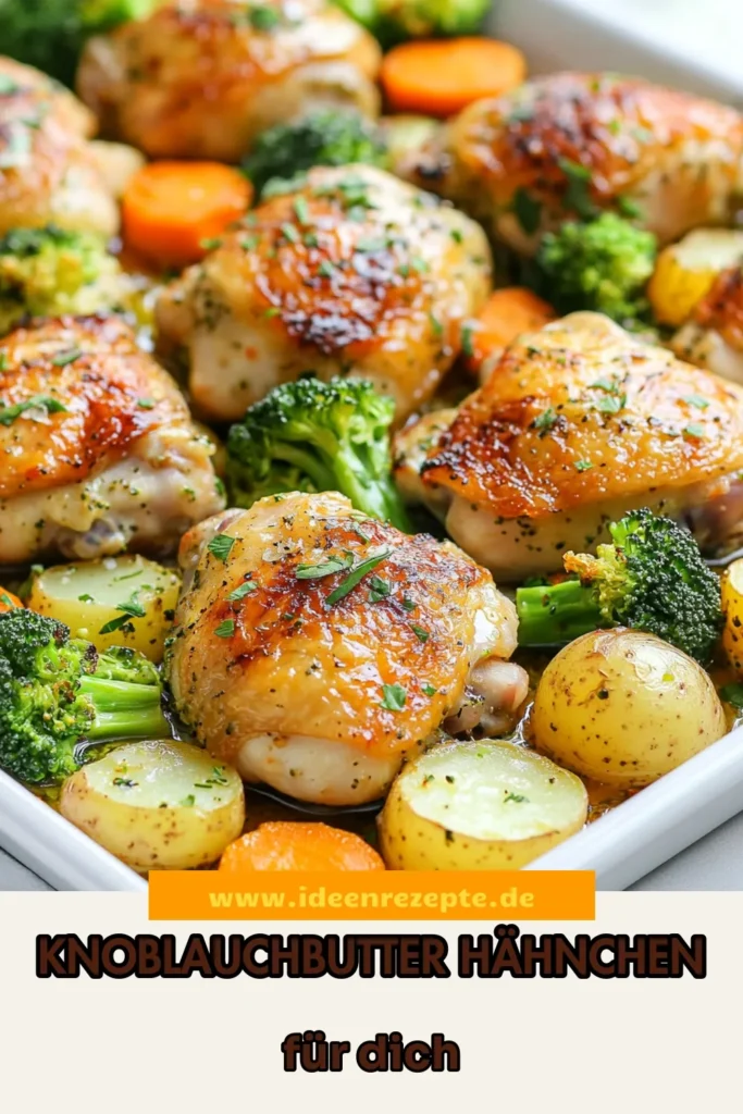 Entdecke dieses köstliche Blechpfanne Hähnchen, perfekt für ein schnelles Abendessen! Mit unserem Knoblauchbutter Rezept wird das einfache Hähnchen Rezept zum Highlight deines Essens. Frisches Gemüse wie Brokkoli und Karotten runden das Ofengericht ab. Einfach zubereitet, ideal für die ganze Familie! Probiere es aus und teile deine Ergebnisse! #Hähnchen #Knoblauchbutter #Ofengericht #schnellesAbendessen