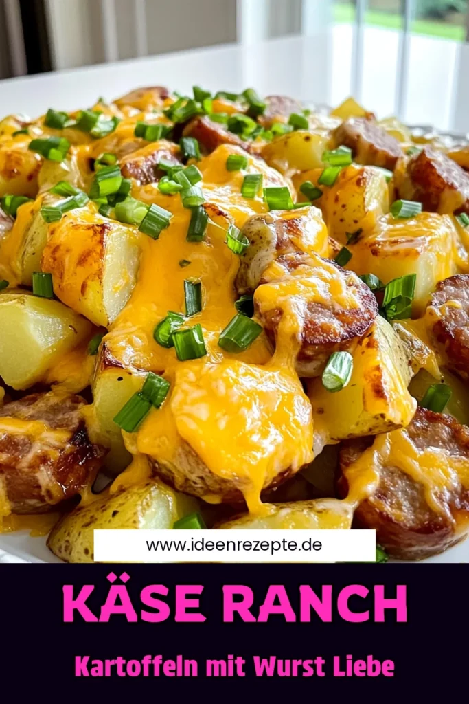 Genieße die köstlichen Käse-Ranch-Kartoffeln mit geräucherter Wurst, die dein Geschmackserlebnis revolutionieren! Mit knusprigen Kartoffeln, würziger Wurst, geschmolzenem Cheddar und einem cremigen Ranch-Dressing ist dieses Rezept der perfekte Genuss für jede Gelegenheit. Klicke jetzt und entdecke, wie einfach du dieses himmlische Gericht zubereiten kannst! #KäseRanchKartoffeln #Kochrezepte #Wurstliebe #LeckerEssen
