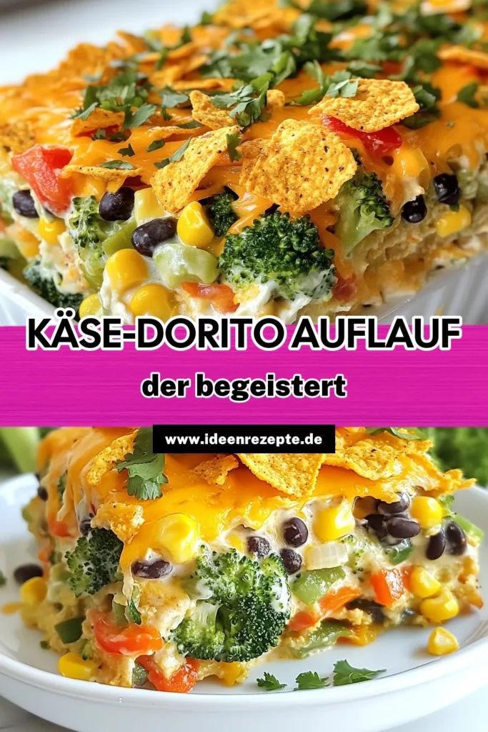 Entdecken Sie unseren köstlichen Käse-Dorito-Auflauf, der perfekt für jeden Anlass ist! Dieser Gemüseauflauf mit Doritos vereint frischen Brokkoli, bunte Paprika und schwarze Bohnen in einer cremigen Mischung. Ob als einfacher Auflauf mit Brokkoli oder als veganer Käse-Dorito Auflauf, dieser mexikanische Auflauf mit Nachos wird Ihnen das Wasser im Mund zusammenlaufen lassen. Speichern Sie das Rezept für Ihr nächstes Abendessen! #KäseDoritoAuflauf #GemüseauflaufMitDoritos #VeganerKäseDoritoAuflauf #MexikanischerAuflaufMitNachos