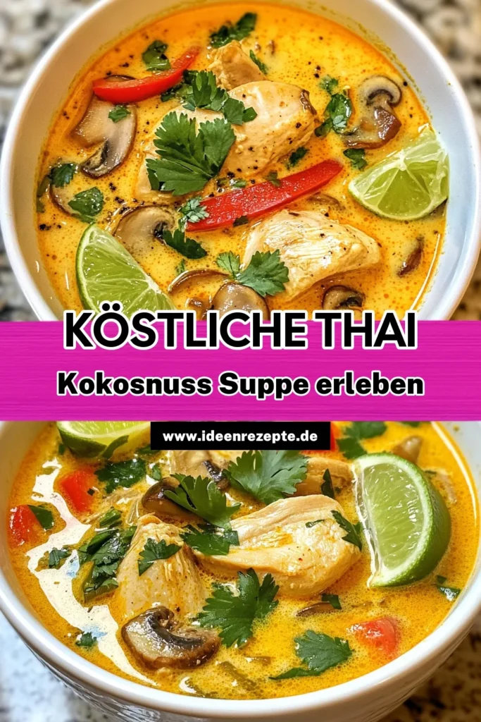 Entdecken Sie unser einfaches Thai Suppe Rezept für eine köstliche Thai Kokosnuss-Hühnchensuppe! Diese cremige asiatische Hühnersuppe vereint zartes Kokosmilch Hühnchen mit aromatischen Gewürzen. Perfekt für eine warme Mahlzeit an kühlen Tagen! Lassen Sie sich von den Aromen verführen und genießen Sie diese köstliche Suppe in nur 30 Minuten. Speichern Sie das Rezept und probieren Sie es aus! #ThaiKokosnussHühnchensuppe #KokosmilchHühnchen #ThaiSuppeRezept #einfacheThaiRezept