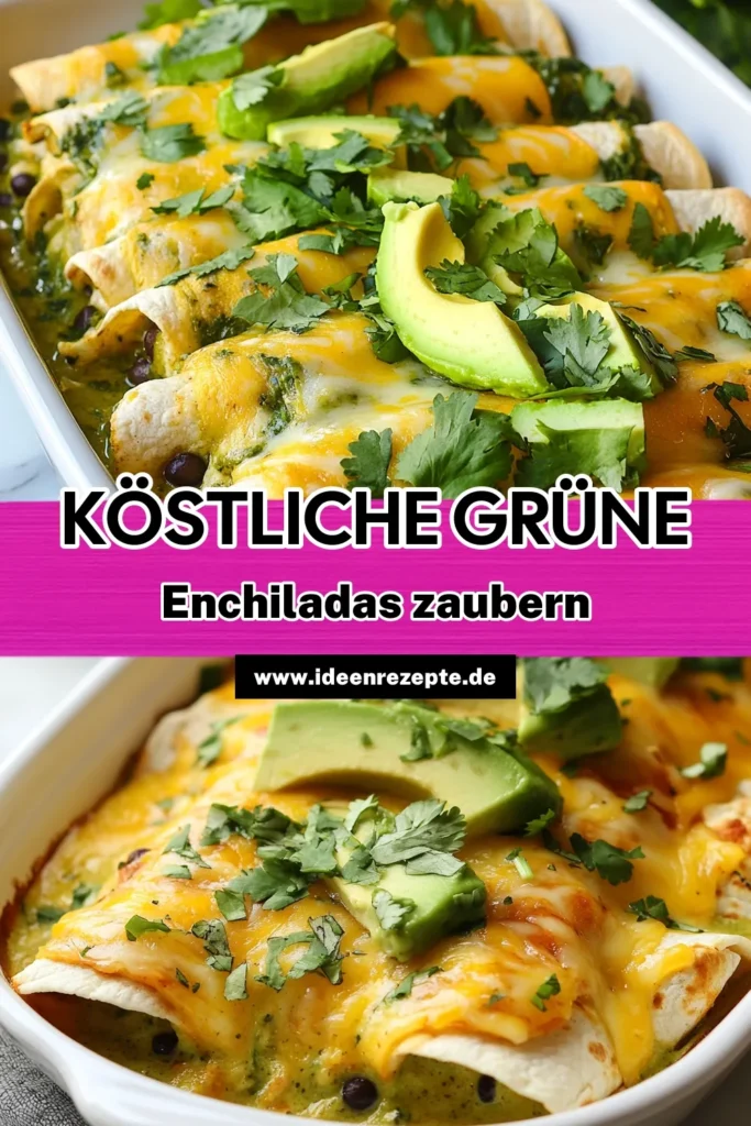 Entdecken Sie das Rezept für köstliche grüne Hähnchen Enchiladas! Diese schnellen Enchiladas sind die perfekte Kombination aus gesunder mexikanischer Hähnchenfüllung und würzigen Enchiladas mit Spinat. Ideal für eine schnelle Mahlzeit! Bereiten Sie diese gesunden Enchiladas in nur 50 Minuten zu und erfreuen Sie sich an jedem Biss. Teilen Sie Ihre Kreationen! #grüneHähnchenEnchiladas #schnelleEnchiladasRezept #gesundeEnchiladas #mexikanischeKüche
