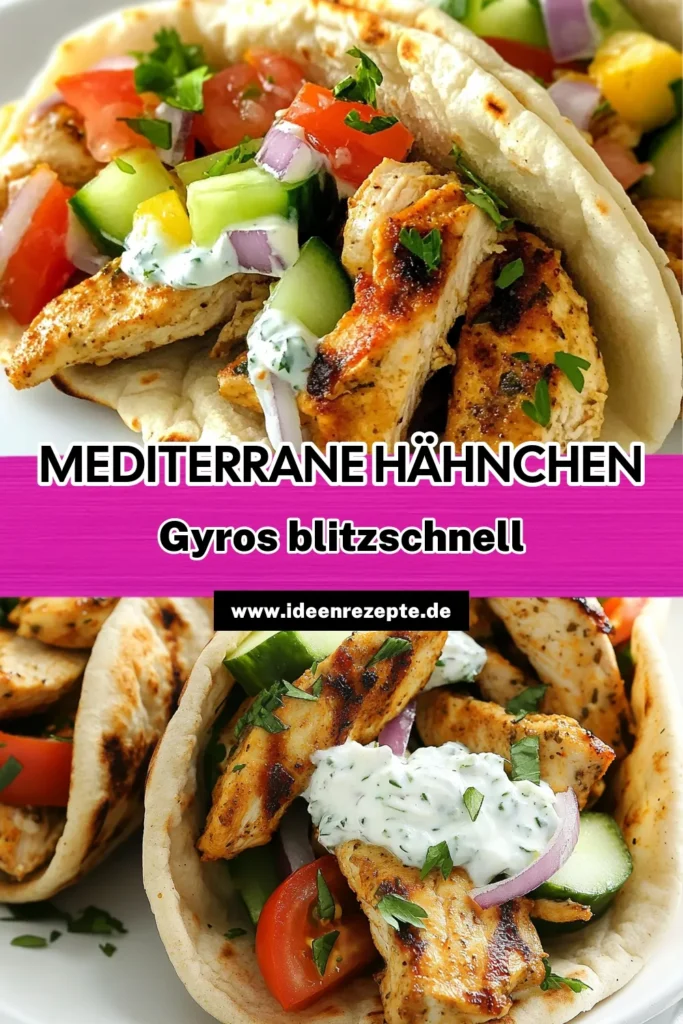 Probiere dieses schnelles mediterranes Hähnchen Gyros Rezept für ein gesundes Hähnchenfilet! Saftige Hähnchenstreifen werden in Gewürzen mariniert und schnell gebraten, dann in einem warmen Vollkorn Pitabrot serviert und mit frischem Tzatziki für Gyros, Gurken, Tomaten und Zwiebeln belegt. Ideal für eine gesunde Mahlzeit! Speichere dieses Rezept für den nächsten schnellen Genuss! #HähnchenGyrosRezept #schnellesmediterraneshähnchen #TzatzikifürGyros #VollkornPitabrot