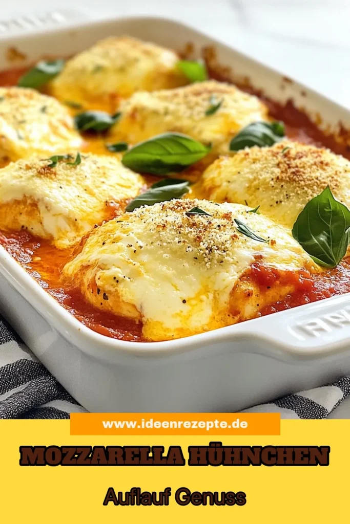 Entdecken Sie unser köstliches Käse Hühnchen Auflauf Rezept! Dieses italienische Hähnchen Rezept kombiniert zarte Hähnchenbrustfilets mit würziger Marinara und schmelzendem Mozzarella Käse. Perfekt für ein schnelles Abendessen und einfach zuzubereiten. Der Mozzarella Auflauf ist ein Hit bei der ganzen Familie und wird sicher zum neuen Lieblingsgericht. Lassen Sie sich inspirieren und probieren Sie es aus! #KäseHühnchenAuflauf #ItalienischesHähnchenRezept #MozzarellaAuflauf #MarinaraHähnchen
