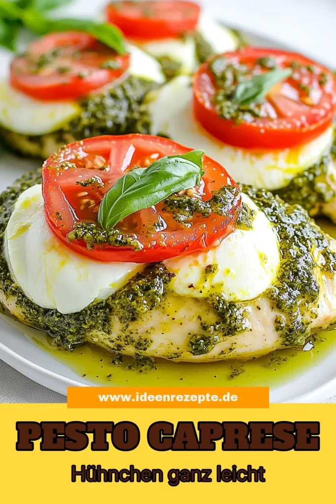 Entdecke unser einfaches Pesto Rezept für geröstetes Pesto Hühnchen – ein köstliches Caprese Hühnchen Rezept, das jeder lieben wird! Saftige Hähnchenbrustfilets werden mit frischem Mozzarella, süßen Tomaten und aromatischem Basilikum verfeinert. Perfekt für ein einfaches Abendessen! Probiere es jetzt aus und verwöhne deine Familie! Speichere dir das Rezept! #PestoHühnchen #CapreseRezept #einfachesRezept #HühnchenMitBasilikum