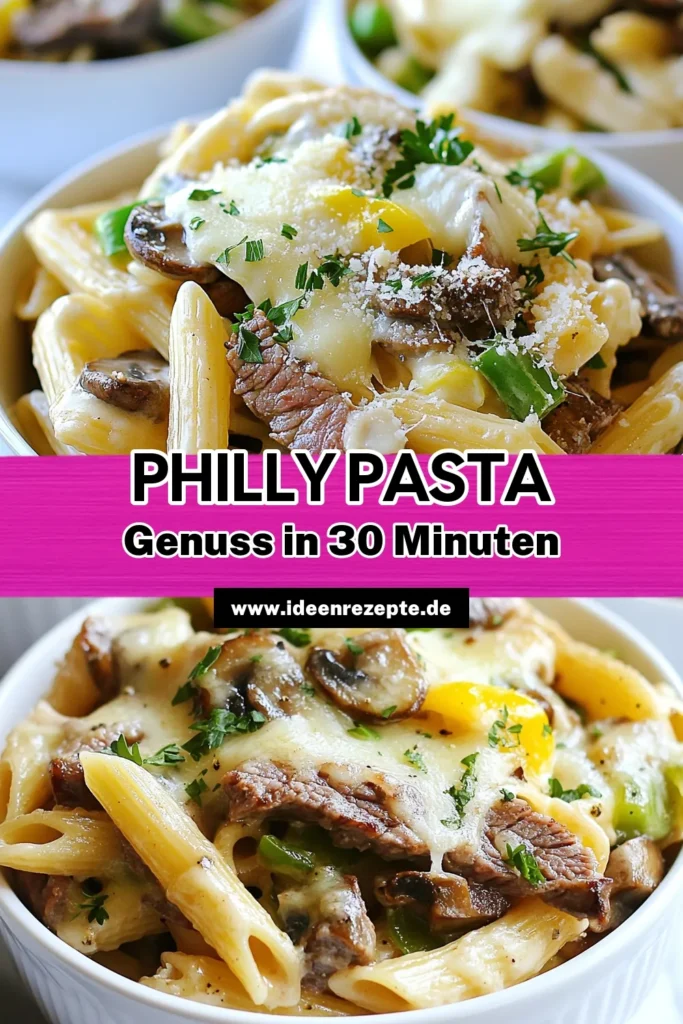 Entdecke das einfache Pasta Rezept für Philly Cheesesteak Pasta Skillet! Dieses schnelle Abendessen Rezept kombiniert zartes Rinderfilet mit Pasta in einer cremigen Käse Sauce, die garantiert jeder lieben wird. Perfekt für ein köstliches Familientreffen oder ein schnelles Mahl unter der Woche! Probiere es aus und teile deine Kreationen! #PhillyCheesesteakPasta #PastaRezept #schnellesEssen #KäsePasta
