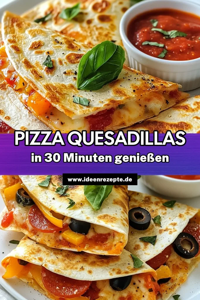 Entdecken Sie köstliche Pizza Quesadillas, die perfekte Kombination aus mexikanischen Pizza Snacks und einfachen Quesadilla Rezepten. Mit geschmolzenem Mozzarella und einer Vielzahl von Zutaten sind diese schnellen Abendessen Rezepte ideal für jede Gelegenheit. Bereiten Sie diese saftigen Quesadillas in nur 30 Minuten zu und genießen Sie sie warm mit Marinara-Soße. Speichern Sie das Rezept für Ihre nächste Mahlzeit! #PizzaQuesadillas #QuesadillaMitMozzarella #SchnelleAbendessen #EinfacheQuesadillaRezepte