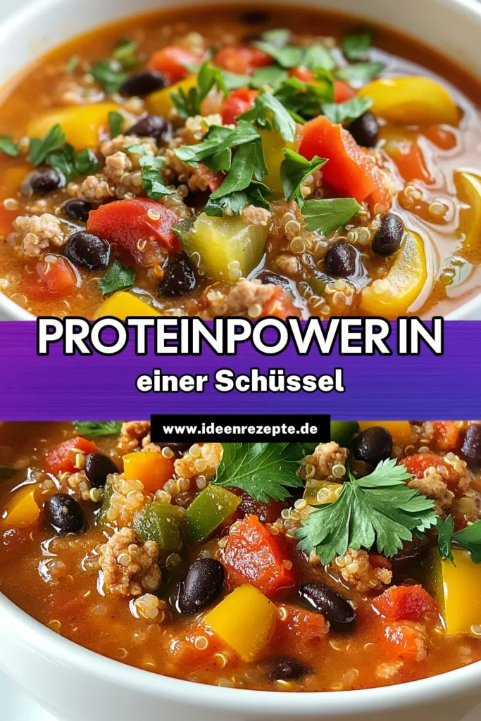 Entdecke diese proteinreiche Suppe, die deine Geschmacksknospen begeistert! Unser gefüllte Paprika Rezept kombiniert zartes Putenhackfleisch mit Quinoa und gesunden Zutaten für eine köstliche Quinoa Suppe. Ideal für kalte Tage und voller Nährstoffe ist diese gesunde Paprika-Suppe einfach zuzubereiten. Probiere es aus! #ProteinreicheSuppe #GefülltePaprikaRezept #QuinoaSuppe #GesundePaprikaSuppe