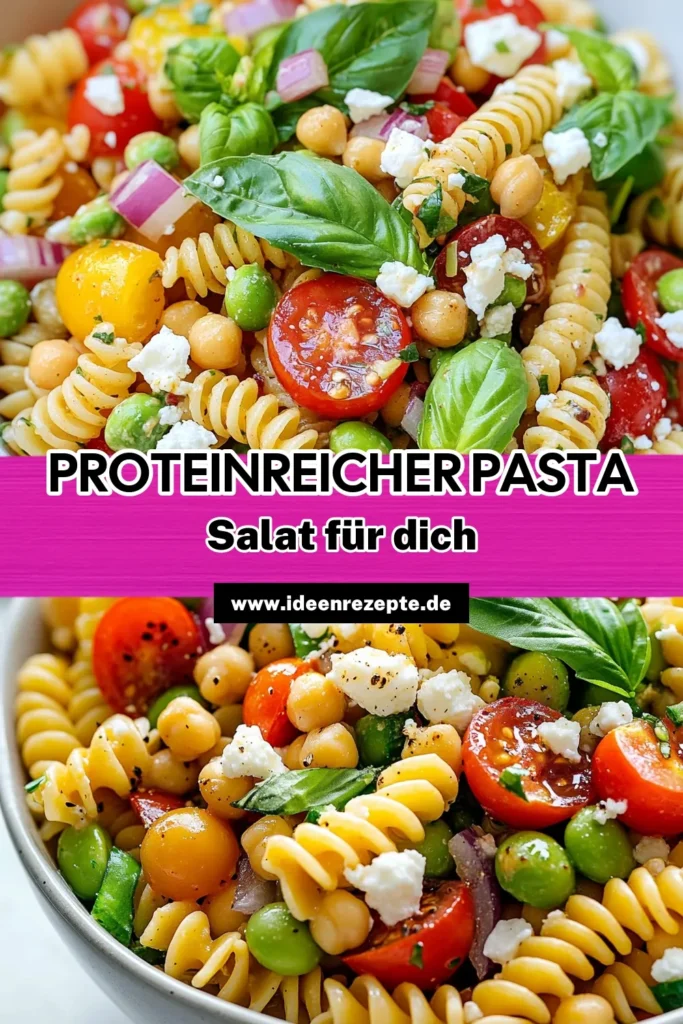 Erleben Sie den köstlichen Geschmack unseres Hochprotein Pasta Salat! Dieses Kichererbsenpasta Rezept kombiniert frisches Gemüse mit proteinreicher Nudelsalat für eine gesunde italienische Mahlzeit. Perfekt als leichte Mittagessen oder Beilage! Probieren Sie unseren Pasta-Salat mit Edamame und überzeugen Sie sich selbst. Speichern Sie dieses Rezept und genießen Sie gesunde Ernährung! #HochproteinPastaSalat #KichererbsenpastaRezept #ProteinreicherNudelsalat #GesunderItalienischerSalat