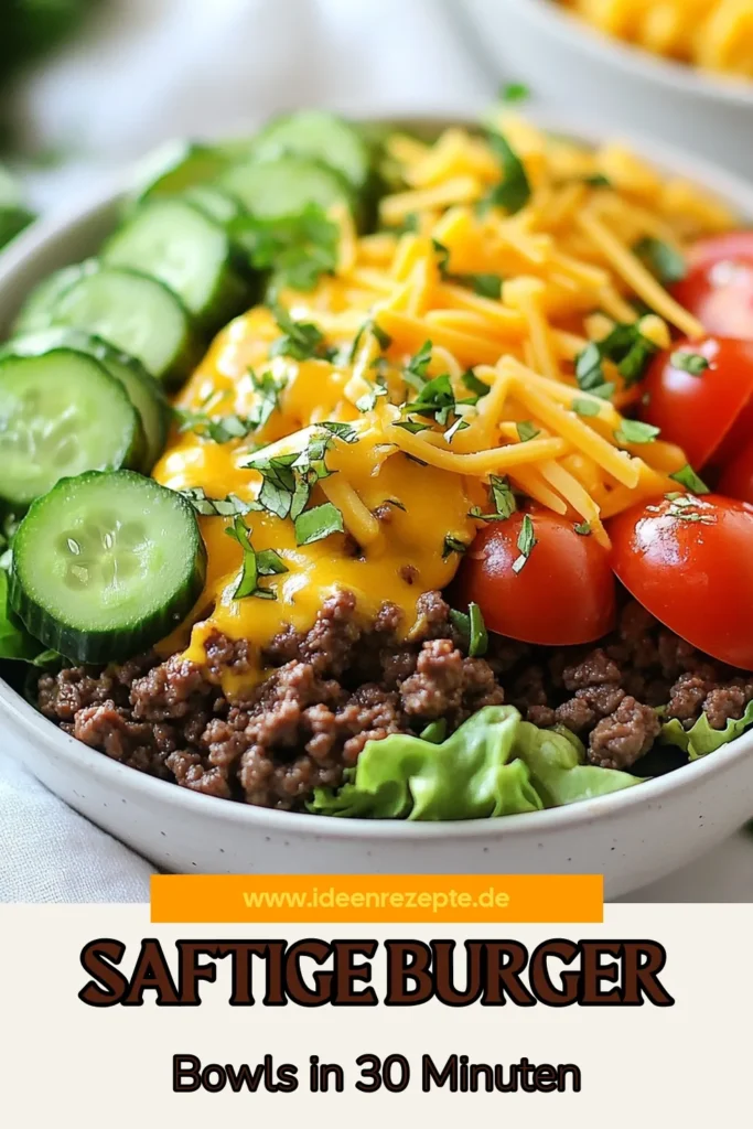 Entdecke unser köstliches Burger Bowl Rezept, das gesunde Burger Bowls in einen neuen Licht zeigt! Dieses Rinderhackfleisch Rezept kombiniert zartes Fleisch mit frischem Gemüse und vollwertiger Quinoa für eine nahrhafte Mahlzeit. Ideal für jede Gelegenheit, dieses einfaches Bowl Rezept ist schnell zubereitet und schmeckt fantastisch! Probiere es aus und erfreue dich an dieser nahrhaften Kombination! #BurgerBowl #GesundeEssen #Rinderhackfleisch #QuinoaBowl