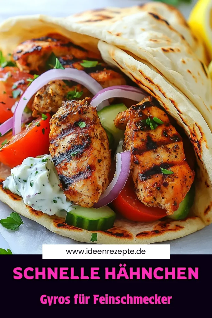 Entdecken Sie unser schnelles mediterranes Gyros Rezept! Diese schnellen Hähnchen Gyros sind perfekt für jede Gelegenheit. Mit saftigem Hähnchen, frischem Pita Brot Füllung und einem köstlichen Tzatziki Sauce Rezept wird jeder Biss zum Genuss. Ideal für gesunde Hähnchenrezepte, die einfach zuzubereiten sind. Bereiten Sie heute Ihr eigenes leckeres Gyros zu! Teilen und speichern Sie dieses Rezept für später! #SchnelleHähnchenGyros #MediterranesGyrosRezept #Tzatziki #GesundeRezepte
