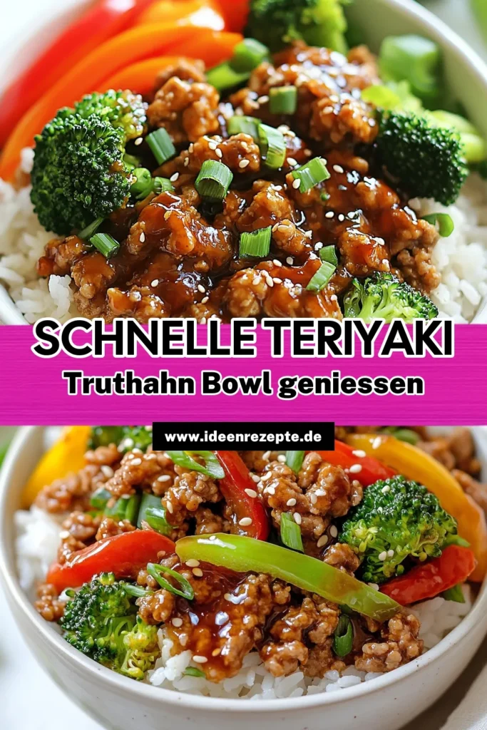 Genießen Sie diese köstlichen Teriyaki Truthahn-Reis-Bowls, die einfach zu machen sind und voller Geschmack stecken. Diese gesunden Putenhackfleisch-Rezepte kombinieren saftiges Putenhackfleisch mit einer selbstgemachten Teriyaki-Sauce und knackigem Gemüse, serviert auf zartem Jasminreis. Ideal für ein schnelles Mittagessen oder Abendessen. Probieren Sie dieses Rezept aus und verwandeln Sie Ihre Mahlzeiten! #TeriyakiTruthahn #GesundeEssen #Rezeptideen #AsiatischeBowls