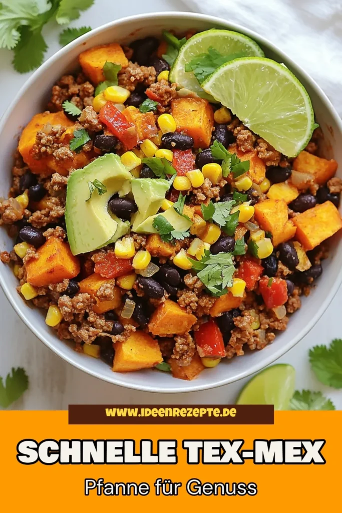 Entdecke dieses köstliche Tex-Mex Rinderhack Rezept in einer gesunden Süßkartoffel Pfanne! Perfekt für schnelle Abendessen, vereint dieses einfache Tex-Mex Gericht alle Aromen, die du liebst, inklusive Rinderhack mit Bohnen und frischem Gemüse. Ideal für eine gesunde Ernährung und wunderbar für die ganze Familie. Probiere es aus und speichere das Rezept für deine nächste Mahlzeit! #TexMex #GesundeGerichte #OnePan #Süßkartoffeln