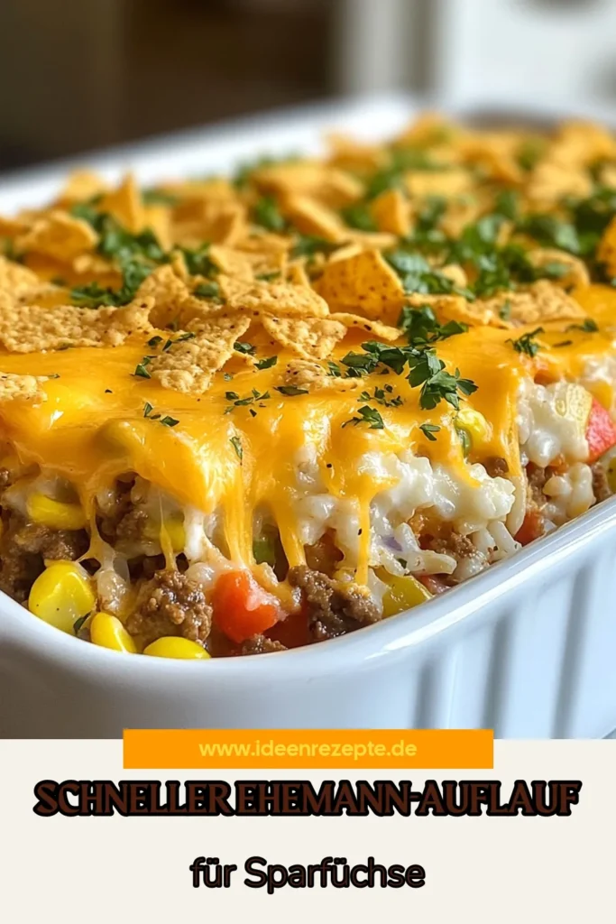 Entdecken Sie diesen Budget Ehemann-Auflauf, der sowohl lecker als auch günstig ist! Dieses einfache Auflauf Rezept kombiniert Hackfleisch, gemischtes Gemüse und cremige Champignon-Suppe für ein herzhaftes Abendessen. Mit zerbröselten Tortilla-Chips als Topping wird jeder Bissen unwiderstehlich! Ideal für die ganze Familie. Probieren Sie es aus und sparen Sie beim Kochen! #BudgetEhemannAuflauf #günstigerAuflauf #HackfleischAuflaufRezept #einfacheAuflaufRezepte