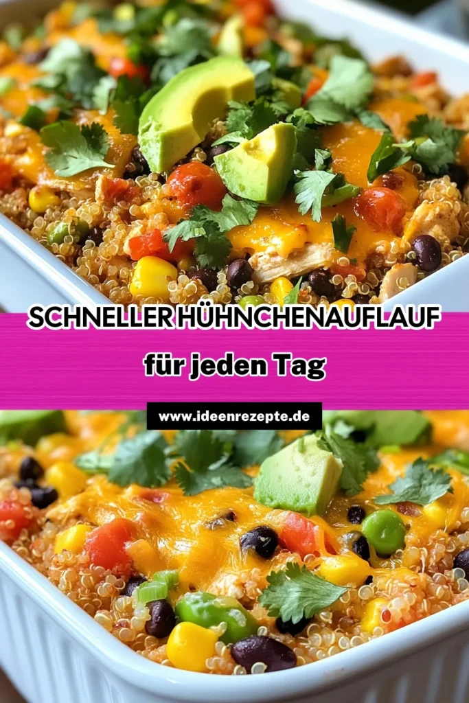 Entdecke dieses köstliche Hühnchenauflauf Rezept, perfekt für dein Meal Prep! Unser Quinoa Hühnchenauflauf mit Hähnchen und schwarzen Bohnen ist ein gesundes Auflaufgericht, das dir hilft, jede Woche gesund zu essen. Einfache Zubereitung in nur 55 Minuten. Perfekt portionierbar und super praktisch für die Woche. Probiere dieses gesunde Meal Prep Rezept jetzt aus und optimiere deine Mahlzeiten! #Hühnchenauflauf #MealPrep #GesundeErnährung #GesundeAuflaufgerichte