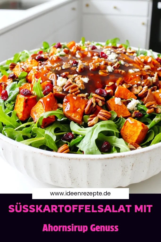 Verwandle deine Mahlzeiten mit diesem köstlichen Ahornsirup-glasierten Süßkartoffelsalat! Diese einfache und gesunde Rezept kombiniert geröstete Süßkartoffeln mit einer leckeren Mischung aus Blattsalaten, Cranberries und Pekannüssen, alles perfekt abgerundet mit einer leicht süßen Vinaigrette. Klicke jetzt, um das vollständige Rezept zu entdecken und deinen nächsten Salat aufzupeppen! #Süßkartoffelsalat #GesundeRezepte #Ahornsirup #Vegetarisch