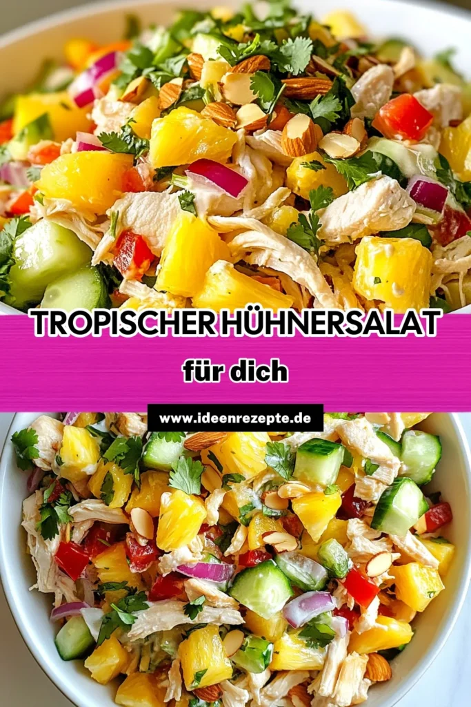 Entdecken Sie dieses köstliche Rezept für Hawaiianischer Hühnersalat! Unser tropischer Salat mit Ananas vereint zarte Hühnerbrust und frische Zutaten, perfekt für eine gesunde Mahlzeit. Dieser einfache Hühnersalat mit Koriander ist ideal für den Sommer und verwöhnt Ihre Geschmacksknospen. Probieren Sie es aus und bringen Sie den Geschmack Hawaiis auf Ihren Tisch! Speichern Sie das Rezept und genießen Sie! #HawaiianischerHühnersalat #tropischerSalat #gesunderHühnersalat #RezeptmitKoriander
