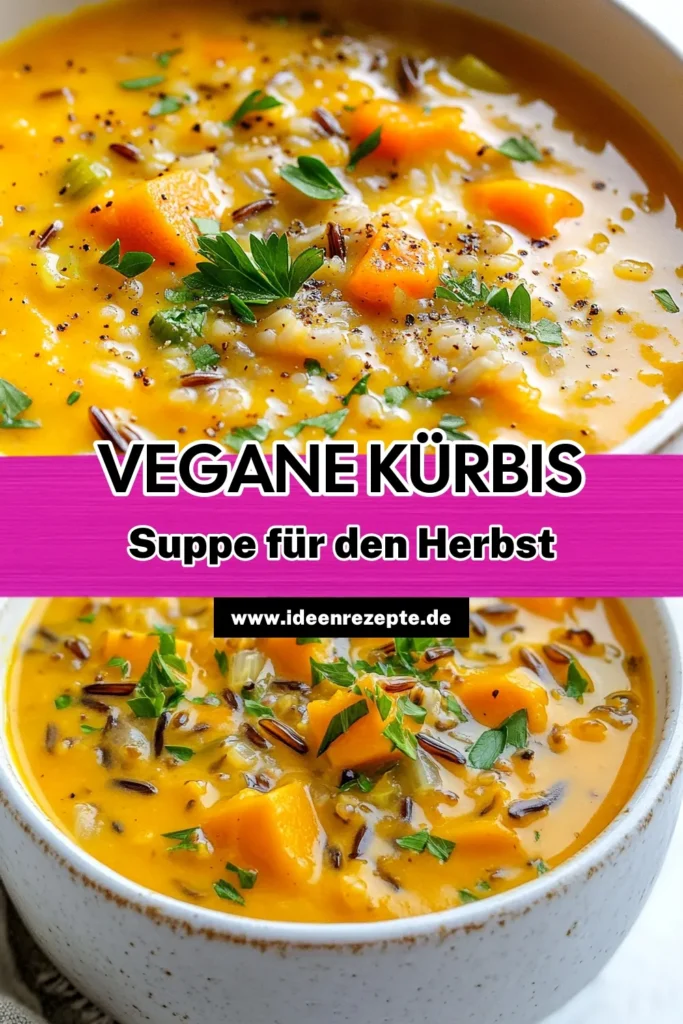 Entdecke die köstliche vegane Kürbis-Wildreis-Suppe, ein nahrhaftes veganes Rezept, das perfekt für die Saison ist. Genießen Sie diese gesunde vegane Möglichkeit, die Kürbissuppe mit Wildreis vereint herzhafte Aromen und Nährstoffe. Ideal für kalte Tage, bringt dieses Rezept Wärme und Freude in jede Mahlzeit. Probiere es aus und teile deine Kreation! #veganeKürbisWildreisSuppe #nahrhafteveganeRezepte #Kürbissuppe #saisonaleveganeSuppen