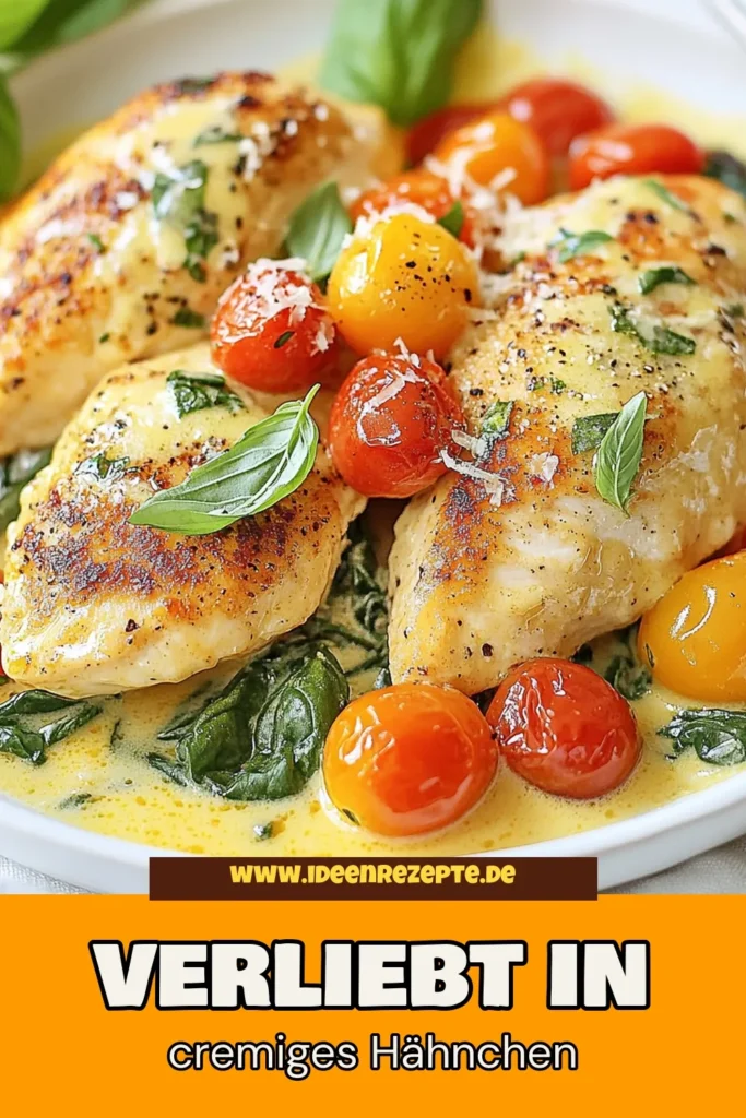 Entdecken Sie dieses einfache Hähnchenrezept für Verheirate Mich Hähnchen, das schnell und köstlich ist! Mit Hähnchenbrust, Frischkäse, Kirschtomaten und Spinat kreieren Sie eines der besten Hähnchenbrustgerichte, das Ihre Familie lieben wird. Perfekt für schnelle Abendessen Ideen. Holen Sie sich das Rezept und überraschen Sie Ihre Lieben! Speichern Sie es für später! #einfacheHähnchenrezepte #verheirateMichHähnchen #HähnchenmitFrischkäse #schnelleAbendessenIdeen
