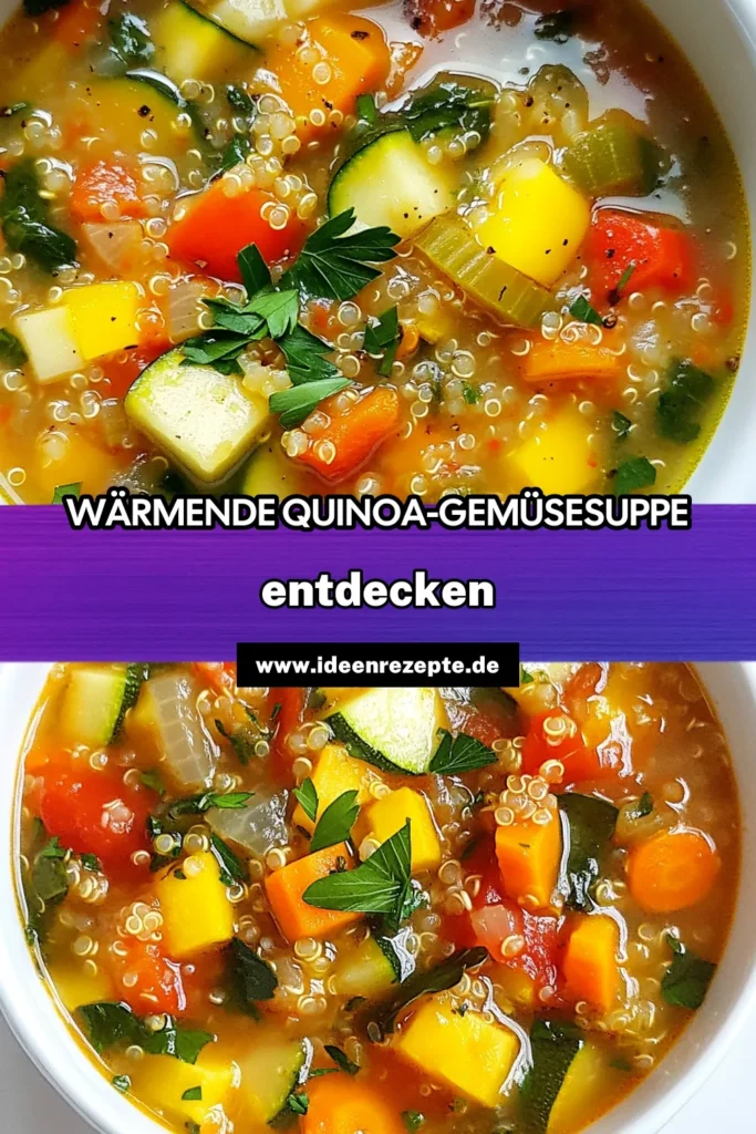 Entdecken Sie unser Rezept für eine köstliche Quinoa-Gemüsesuppe, die nicht nur vegan, sondern auch gesund ist! Diese schnell zubereitete Suppe kombiniert frisches Gemüse und Quinoa für ein nahrhaftes Gericht, das sich perfekt für jede Jahreszeit eignet. Probieren Sie unser einfaches gesunde Suppe Rezept aus und genießen Sie eine vollwertige Mahlzeit. Speichern Sie es für später! #QuinoaGemüsesuppe #VeganeGemüsesuppe #SchnellZubereiteteSuppe #QuinoaRezept