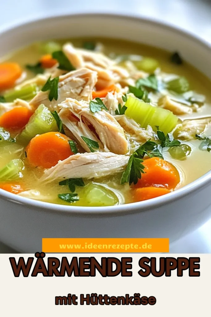Entdecke das perfekte Rezept für eine wärmende Hühnchensuppe mit Hüttenkäse, die nicht nur gesund, sondern auch einfach zuzubereiten ist. Diese gesunde Hühnchensuppe kombiniert zartes Hühnchen, cremigen Hüttenkäse und aromatischen Thymian sowie Basilikum für den ultimativen Komfort. Probiere diese einfache Hüttenkäse-Suppe und entdecke ihr reichhaltiges Aroma! Speichere dir das Rezept jetzt! #HühnchensuppeMitHüttenkäse #EinfacheHüttenkäseSuppe #GesundeHühnchensuppe #WärmendeSuppeRezept