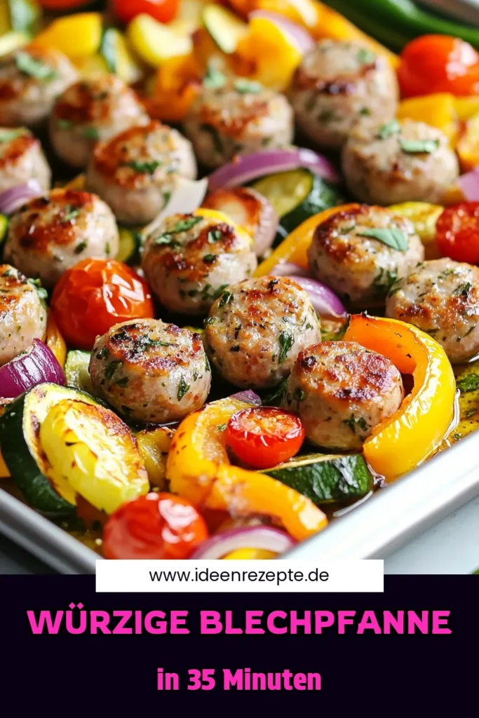 Entdecken Sie dieses köstliche und gesunde Ofengericht mit unserer Blechpfanne mit Würstchen und Gemüse! Dieses einfaches Gemüsegericht kombiniert leckere italienische Hähnchenwurst mit frischem Gemüse für ein schnelles Abendessen in nur 35 Minuten. Perfekt für ganze Familien. Lassen Sie sich von diesem Rezept inspirieren, speichern Sie es und zaubern Sie ein schnelles, gesundes Gericht. #GesundesEssen #EinfachesRezept #SchnellesAbendessen #Blechpfanne