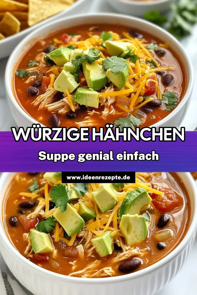 Genießen Sie unsere köstliche Hähnchen Enchilada Suppe, eine würzige Hähnchensuppe, die nicht nur schnell zubereitet ist, sondern auch voller gesunder Zutaten steckt. Perfekt für ein schnelles Abendessen, wird diese mexikanische Hähnchensuppe sicher jedem schmecken. Entdecken Sie, wie einfach gesunde Hähnchenrezepte sein können! Speichern Sie das Rezept für Ihre nächste Kochsession! #HähnchenEnchiladaSuppe #schnelleEnchiladaSuppe #mexikanischeHähnchensuppe #gesundeHähnchenrezepte