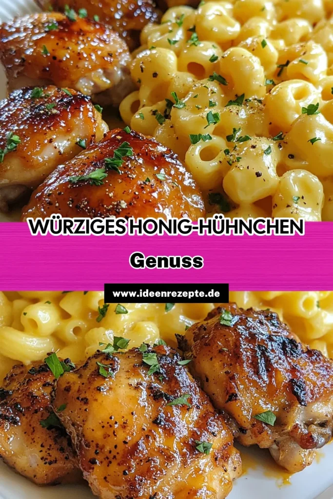 Entdecken Sie das perfekte Rezept für würziges Honig-Hühnchen mit cremigem Mac and Cheese! Dieses Sriracha Hähnchen Rezept vereint die süße und scharfe Honig Marinade Hähnchen mit einer köstlichen Käsesauce. Einfach und schnell zubereitet, wird dieses einfache Hühnchen Gericht Ihre Familie begeistern. Lassen Sie sich diese Geschmackskombination nicht entgehen! Speichern Sie das Rezept für Ihr nächstes Dinner! #HonigHühnchen #MacandCheese #SrirachaRezept #einfachesEssen