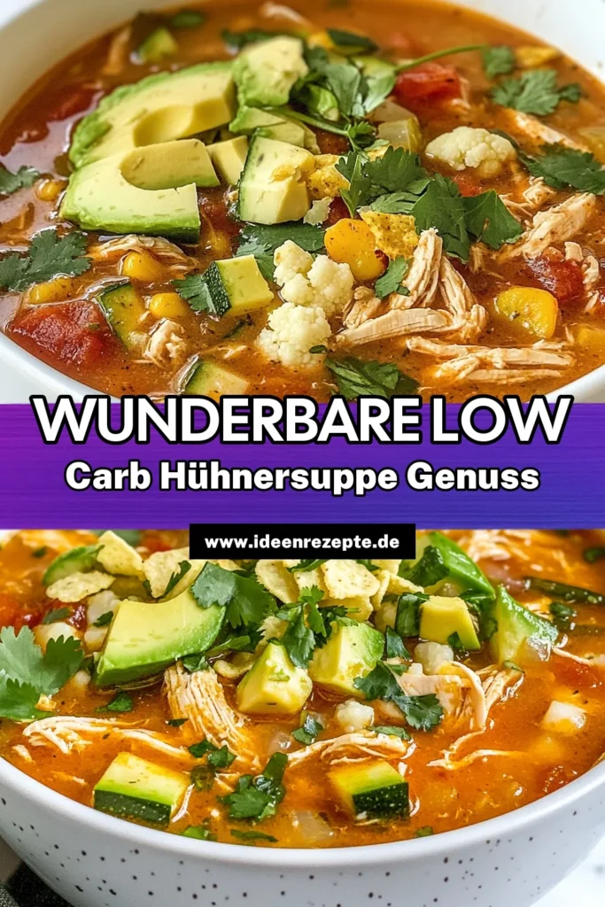 Entdecke die köstliche Low Carb Hühner-Tortilla-Suppe! Dieses einfache Hühnersuppe Rezept verbindet gesunde Zutaten und richtet sich an Liebhaber von glutenfreier Tortilla-Suppe. Mit frischem Gemüse und zartem Hähnchen ist diese Low Carb Variante perfekt für jeden Abend. Lass dir dieses Rezept Low Carb nicht entgehen! Klicke für mehr und speichere es für deine nächste Kochsession! #LowCarb #Rezept #Hühnersuppe #gesundessen