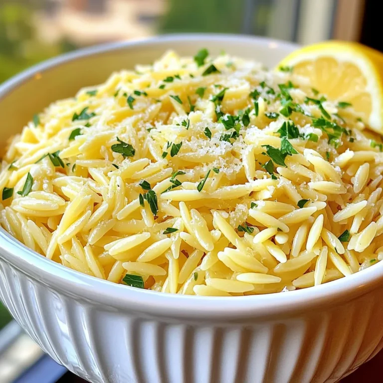 - 1 Tasse Orzo-Nudeln - 3 Esslöffel Olivenöl - 4 Knoblauchzehen, fein gehackt Die Hauptzutaten sind einfach zu finden. Orzo-Nudeln sind klein und haben die Form von Reis. Sie kochen schnell und nehmen gut Aromen auf. Olivenöl gibt dem Gericht einen tollen Geschmack. Frischer Knoblauch bringt ein starkes Aroma. - 1/2 Teelöffel rote Pfefferflocken (optional) - 1/2 Tasse geriebener Parmesan - Salz und Pfeffer nach Geschmack Mit Gewürzen können wir das Gericht anpassen. Rote Pfefferflocken bringen etwas Schärfe, aber sie sind nicht nötig. Parmesan macht das Gericht cremig und würzig. Salz und Pfeffer verbessern den Geschmack. - 1 Tasse Gemüsebrühe - 1/4 Tasse frische Petersilie, gehackt - Zitronenscheiben zum Servieren Frische Zutaten geben dem Gericht Farbe und Geschmack. Gemüsebrühe sorgt für eine gute Basis für die Nudeln. Petersilie fügt Frische hinzu. Zitronenscheiben bringen einen spritzigen Kick, wenn man sie über das Gericht träufelt. {{ingredient_image_2}} Bringen Sie zuerst einen mittleren Topf mit Gemüsebrühe zum Kochen. Sobald die Brühe sprudelt, geben Sie 1 Tasse Orzo-Nudeln hinein. Kochen Sie die Nudeln für 8 bis 10 Minuten, bis sie al dente sind. Achten Sie darauf, die Nudeln nicht zu lange zu kochen, damit sie nicht matschig werden. In der Zwischenzeit erhitzen Sie 3 Esslöffel Olivenöl in einer großen Pfanne bei mittlerer Hitze. Fügen Sie 4 fein gehackte Knoblauchzehen und 1/2 Teelöffel rote Pfefferflocken hinzu, falls Sie es scharf mögen. Sautieren Sie die Mischung für 1 bis 2 Minuten. Der Knoblauch sollte aromatisch sein, aber nicht bräunen. Wenn die Orzo-Nudeln fertig sind, lassen Sie sie abtropfen. Bewahren Sie etwas Kochflüssigkeit auf, falls nötig. Geben Sie die abgetropften Orzo in die Pfanne mit dem Knoblauchöl. Rühren Sie gut um, damit die Nudeln das Öl und den Knoblauch aufnehmen. Fügen Sie 1/2 Tasse geriebenen Parmesan und 1/4 Tasse gehackte Petersilie hinzu. Mischen Sie alles gut. Würzen Sie nach Geschmack mit Salz und Pfeffer. Servieren Sie die Mischung sofort. Garnieren Sie die Teller mit mehr Parmesan und einem Spritzer Zitronensaft. - Verwendung von frischen Kräutern: Frische Kräuter bringen viel Aroma. Verwenden Sie Petersilie oder Basilikum. Sie geben dem Gericht einen frischen Kick. - Anpassen der Gewürze nach Geschmack: Jeder hat andere Vorlieben. Probieren Sie mehr Pfeffer oder weniger Salz aus. So finden Sie Ihren perfekten Geschmack. - Verwendung von Kochflüssigkeit zur besseren Textur: Halten Sie etwas Gemüsebrühe zurück. Fügen Sie es nach dem Mischen hinzu. So bleibt Ihr Orzo schön feucht und lecker. - Tipps zur Vermeidung von trockenem Ergebnis: Wenn Ihr Gericht trocken wirkt, rühren Sie mehr Flüssigkeit ein. Auch ein Spritzer Olivenöl hilft. So bleibt alles schön saftig. - Serviervorschläge für ein ansprechendes Gericht: Servieren Sie den Orzo in tiefen Tellern. Das sieht toll aus und macht Lust auf mehr. - Garnitur-Ideen mit Parmesan und Zitronensaft: Streuen Sie frischen Parmesan oben drauf. Ein Spritzer Zitronensaft bringt Frische. Garnieren Sie mit Petersilie für Farbe. Pro Tipps Verwenden Sie frischen Knoblauch: Frischer Knoblauch hat einen intensiveren Geschmack als getrockneter. Achten Sie darauf, ihn nicht zu lange zu braten, um Bitterkeit zu vermeiden. Richtige Al Dente-Konsistenz: Kochen Sie die Orzo-Nudeln nicht zu lange, um eine perfekte Al Dente-Konsistenz zu erreichen, die der Sauce hilft, besser an den Nudeln haften zu bleiben. Käse variieren: Experimentieren Sie mit verschiedenen Käsesorten wie Pecorino Romano oder Asiago für einen anderen Geschmack und eine interessante Note. Resteverwertung: Diese Orzo-Nudeln lassen sich gut aufbewahren und schmecken am nächsten Tag noch besser. Fügen Sie einfach etwas zusätzliche Brühe hinzu, wenn Sie sie wieder aufwärmen. {{image_4}} Um deine Schnelle Knoblauch Parmesan Orzo aufzupeppen, füge etwas Gemüse hinzu. Spinat oder Erbsen passen gut. Sie bringen Farbe und zusätzliche Nährstoffe. Du kannst auch Proteine ergänzen. Hähnchen oder Garnelen sind großartige Optionen. Sie machen das Gericht nahrhafter und sättigender. Wenn du den Geschmack variieren möchtest, wechsle die Käsesorte. Feta oder Pecorino können interessante Aromen hinzufügen. Eine andere Möglichkeit ist die Verfeinerung mit Zitronenschale oder frischen Kräutern. Basilikum oder Thymian geben dem Gericht einen frischen Kick. Für glutenfreie Optionen suche nach glutenfreien Orzo-Nudeln. Sie sind heutzutage leicht zu finden. Wenn du vegan kochen möchtest, lasse den Käse weg. Stattdessen kannst du Hefeflocken verwenden. Sie geben einen käsigen Geschmack, ohne tierische Produkte. Bewahre den Knoblauch Parmesan Orzo in einem luftdichten Behälter auf. So bleibt der Geschmack frisch. Im Kühlschrank hält er bis zu drei Tage. Wenn du ihn wieder aufwärmst, nutze einen Topf oder die Mikrowelle. Füge etwas Wasser oder Brühe hinzu, um die Nudeln nicht trocken werden zu lassen. Um Orzo einzufrieren, lasse ihn zuerst abkühlen. Gib ihn dann in einen gefrierfesten Behälter. So bleibt er bis zu drei Monate haltbar. Zum Auftauen lege ihn einfach über Nacht in den Kühlschrank. Erhitze ihn dann in einer Pfanne mit etwas Brühe oder Wasser. So wird er wieder schön cremig. Verwende Reste, um neue Gerichte zu kreieren. Mische den Orzo zum Beispiel in einen Salat. Du kannst auch eine Auflaufform machen, indem du ihn mit Gemüse und Käse backst. Eine andere Idee ist, ihn in eine Suppe zu geben. So hast du immer leckere und neue Mahlzeiten aus deinen Resten! Die Zubereitung dauert insgesamt 20 Minuten. Die Vorbereitungszeit beträgt 5 Minuten. Die Kochzeit für die Orzo-Nudeln ist 8 bis 10 Minuten. So schnell hast du ein leckeres Gericht auf dem Tisch! Ja, du kannst die Orzo-Nudeln im Voraus kochen. Koche die Nudeln einfach und lass sie abkühlen. Bewahre sie in einem luftdichten Behälter im Kühlschrank auf. Wenn du bereit bist zu essen, kannst du sie einfach aufwärmen. Füge dabei etwas Olivenöl oder Brühe hinzu, damit sie nicht kleben. Orzo passt gut zu vielen Beilagen. Ein frischer Salat ist eine tolle Wahl. Gegrilltes Gemüse ergänzt den Geschmack wunderbar. Du kannst auch gebratenes Hähnchen oder Fisch dazu servieren. Probiere auch geröstete Tomaten oder Spargel für mehr Farbe und Geschmack. Orzo-Nudeln mit Knoblauch und Parmesan sind einfach und köstlich. Wir haben die wichtigsten Zutaten, Zubereitungsschritte und viele Tipps durchgenommen. Frische Kräuter und die richtige Gewürze machen das Gericht besonders. Variationen fügen Geschmack und Nährstoffe hinzu. Überlegen Sie, wie Sie Reste kreativ nutzen können. Diese Rezepte sind leicht, schnell und vielseitig. Probieren Sie es aus, um Ihr nächstes Essen zu bereichern!