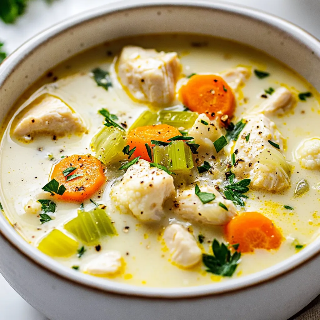 Für die Keto Hühner-Pott-Pie-Suppe brauchst du einige frische und gesunde Zutaten. Hier ist eine Liste der Hauptzutaten: - 2 Esslöffel Olivenöl - 1 mittelgroße Zwiebel, gewürfelt - 2 Knoblauchzehen, gehackt - 3 mittelgroße Karotten, in Scheiben geschnitten - 2 Selleriestangen, gewürfelt - 450 g Hühnerbrustfilet, ohne Haut und Knochen, gewürfelt - 1 Liter Hühnerbrühe (mit niedrigem Natriumgehalt) - 240 ml Schlagsahne - 1 Tasse Blumenkohlröschen (frisch oder gefroren) Diese Zutaten bilden die Basis für die Suppe. Das Hühnerfleisch macht die Suppe herzhaft, während das Gemüse für Textur sorgt. Die Gewürze und Kräuter sind wichtig, um der Suppe Geschmack zu verleihen. Hier sind die wichtigsten Gewürze, die du benötigst: - 1 Teelöffel getrockneter Thymian - 1 Teelöffel getrockneter Rosmarin - Salz und Pfeffer nach Geschmack Thymian und Rosmarin bringen eine aromatische Note. Salz und Pfeffer helfen, den Geschmack zu verbessern und die Aromen zu verstärken. Um die Suppe noch besser zu machen, kannst du einige zusätzliche Zutaten hinzufügen: - 1/4 Tasse frisch gehackte Petersilie zur Garnitur Die Petersilie sorgt für einen frischen Geschmack und macht die Suppe optisch ansprechender. Du kannst auch etwas geriebenen Parmesan oben drauf streuen, wenn du magst. {{ingredient_image_2}} Zuerst musst du alle Zutaten bereitstellen. Das macht das Kochen einfacher. Du brauchst: - 2 Esslöffel Olivenöl - 1 mittelgroße Zwiebel, gewürfelt - 2 Knoblauchzehen, gehackt - 3 mittelgroße Karotten, in Scheiben geschnitten - 2 Selleriestangen, gewürfelt - 450 g Hühnerbrustfilet, ohne Haut und Knochen, gewürfelt - 1 Liter Hühnerbrühe (mit niedrigem Natriumgehalt) - 240 ml Schlagsahne - 1 Tasse Blumenkohlröschen (frisch oder gefroren) - 1 Teelöffel getrockneter Thymian - 1 Teelöffel getrockneter Rosmarin - Salz und Pfeffer nach Geschmack - 1/4 Tasse frisch gehackte Petersilie zur Garnitur Sobald du alles hast, was du brauchst, kannst du mit dem Kochen beginnen. Erhitze das Olivenöl in einem großen Topf bei mittlerer Hitze. Füge die gewürfelte Zwiebel hinzu und brate sie etwa 3 bis 4 Minuten. Du willst sie weich und durchscheinend. Danach gib den gehackten Knoblauch, die Karottenscheiben und die gewürfelten Selleriestangen dazu. Koche alles weitere 5 Minuten. Das Gemüse sollte leicht weich sein. Jetzt kommt die Hühnerbrust. Füge die gewürfelte Hühnerbrust hinzu und brate sie 5 bis 6 Minuten lang an. Es ist wichtig, dass das Huhn leicht gebräunt ist. Gieße die Hühnerbrühe in den Topf und bringe die Mischung zum Simmern. Rühre die Schlagsahne, Blumenkohlröschen, Thymian und Rosmarin ein. Reduziere die Hitze auf niedrig und lasse die Suppe 15 bis 20 Minuten köcheln. So wird das Hähnchen durchgegart und der Blumenkohl zart. Schmecke die Suppe mit Salz und Pfeffer ab und passe die Gewürze nach deinem Geschmack an. Nimm den Topf vom Herd. Rühre die gehackte Petersilie unter. Das gibt der Suppe einen frischen Geschmack. Serviere die Suppe in flachen Schalen. Garniere sie mit zusätzlicher Petersilie. Wenn du magst, streue etwas geriebenen Parmesan darüber. Das gibt einen tollen Geschmack! Um die beste Konsistenz zu bekommen, achte auf die Menge der Schlagsahne. Wenn du eine dickere Suppe magst, füge mehr Sahne hinzu. Du kannst auch etwas Blumenkohl pürieren. Das macht die Suppe cremiger und gibt ihr mehr Körper. Wenn die Suppe zu dick wird, kannst du mit etwas Hühnerbrühe die Konsistenz anpassen. Um die Aromen zu verstärken, probiere verschiedene Kräuter. Frischer Thymian oder Estragon geben einen tollen Geschmack. Auch ein Spritzer Zitronensaft kann frische bringen. Wenn du es schärfer magst, füge etwas Cayennepfeffer oder Paprika hinzu. Diese Tipps helfen, die Suppe interessanter zu machen. Um die Zubereitung zu beschleunigen, bereite alle Zutaten vorher vor. Schneide das Gemüse, während das Hähnchen anbrät. Du kannst auch vorgegarte Hühnerbrust verwenden. Diese ist schnell fertig und spart Zeit. Eine große Pfanne oder ein Schnellkochtopf kann ebenfalls helfen, die Kochzeit zu reduzieren. Pro Tipps Gemüse frisch halten: Verwende frisches Gemüse, um den Geschmack und die Nährstoffe in der Suppe zu maximieren. Hühnchen zart machen: Mariniere das Hühnchen vor dem Kochen in einer Mischung aus Olivenöl und Gewürzen, um es besonders zart zu machen. Vielseitige Brühe: Verwende selbstgemachte Brühe für den besten Geschmack, oder wähle eine hochwertige, natriumarme Brühe aus dem Handel. Perfekte Konsistenz: Für eine cremigere Suppe kannst du zusätzlich mehr Schlagsahne oder eine Mischung aus Frischkäse und Brühe hinzufügen. {{image_4}} Du kannst diese Suppe leicht vegan machen. Ersetze das Hühnerfleisch durch gewürfelten Tofu oder Kichererbsen. Diese Proteine fügen einen tollen Geschmack hinzu. Verwende Gemüsebrühe anstelle der Hühnerbrühe. Das macht die Suppe reichhaltig und herzhaft. Blumenkohl bleibt eine gute Zutat. Er gibt der Suppe eine cremige Konsistenz. Füge auch mehr Gemüse wie Erbsen oder Pilze hinzu. Diese bringen zusätzliche Textur und Nährstoffe. Die richtige Beilage kann die Erfahrung noch besser machen. Ein frischer, grüner Salat passt gut zu dieser Suppe. Du kannst auch Blumenkohlreis oder Zucchini-Nudeln servieren. Diese sind kohlenhydratarm und unterstützen die Keto-Diät. Wenn du etwas mehr Crunch magst, probiere knusprige Käse-Chips. Sie sind einfach zuzubereiten und bieten einen tollen Geschmack. Serviere die Suppe mit einem Spritzer frischem Zitrone, um die Aromen zu heben. Wenn du kein Huhn magst, gibt es viele Alternativen. Putenbrust ist eine gute Wahl. Sie hat einen ähnlichen Geschmack und ist ebenfalls mager. Du kannst auch Schweinefleisch verwenden. Achte darauf, es gut zu würzen, damit es nicht fade schmeckt. Für eine andere Note probiere Shrimps oder Rindfleisch. Sie verleihen der Suppe einen neuen, aufregenden Geschmack. Jedes Protein bringt seine eigene Textur und Tiefe mit. Um die Keto Hühner-Pott-Pie-Suppe frisch zu halten, fülle sie in einen luftdichten Behälter. Stelle sicher, dass die Suppe vollständig abgekühlt ist, bevor du sie in den Kühlschrank stellst. So bleibt sie bis zu drei Tage lang gut. Beschrifte den Behälter mit dem Datum, damit du weißt, wie lange sie schon im Kühlschrank ist. Wenn du die Suppe länger aufbewahren möchtest, eignet sich der Gefrierschrank gut. Fülle die abgekühlte Suppe in geeignete Gefrierbehälter oder Gefrierbeutel. Achte darauf, etwas Platz zu lassen, da sich die Suppe beim Gefrieren ausdehnt. Du kannst die Suppe bis zu drei Monate gefrieren. Vergiss nicht, die Beutel oder Behälter zu beschriften! Um die Suppe aufzuwärmen, gieße sie in einen Topf und erhitze sie bei mittlerer Hitze. Rühre gelegentlich um, damit sie gleichmäßig warm wird. Wenn die Suppe zu dick ist, füge etwas Hühnerbrühe oder Wasser hinzu, um die gewünschte Konsistenz zu erreichen. Serviere die Suppe in tiefen Schalen und garniere sie mit frisch gehackter Petersilie. Ein bisschen geriebener Parmesan passt auch gut dazu! Ja, diese Suppe ist sehr keto-freundlich. Sie enthält wenig Kohlenhydrate und viele gesunde Fette. Wir verwenden Hühnerbrust, Blumenkohl und Schlagsahne. Diese Zutaten halten die Kohlenhydrate niedrig und bieten reichlich Geschmack. Außerdem ist die Suppe nahrhaft und sättigend. Perfekt für eine ketogene Diät. Ja, du kannst frisches Gemüse verwenden. Frisches Gemüse hat oft mehr Geschmack. Achte darauf, die Mengen ähnlich zu halten. Frische Karotten und Sellerie sind großartige Optionen. Sie bringen eine tolle Textur in die Suppe. Es kann die Kochzeit leicht verändern. Stelle sicher, dass das Gemüse weich ist, bevor du die Brühe hinzufügst. Die Kohlenhydrate in dieser Suppe sind sehr niedrig. Eine Portion hat etwa 7-9 Gramm Kohlenhydrate. Dies hängt von der genauen Menge an Gemüse ab, die du verwendest. Du kannst die Kohlenhydrate weiter senken, indem du weniger Karotten benutzt. Diese Suppe passt also gut zu deiner Keto-Diät. Diese Suppe ist einfach und vielseitig. Wir haben wichtige Zutaten, Zubereitung und Tipps behandelt. Du kannst die Konsistenz anpassen und sie nach deinem Geschmack variieren. Denke daran, die Suppe richtig zu lagern und aufzuwärmen. Experimentiere mit frischem Gemüse oder veganen Optionen. So stellst du sicher, dass jede Schüssel voller Geschmack ist. Ich hoffe, du hast neue Ideen für deine nächste Suppe gesammelt!